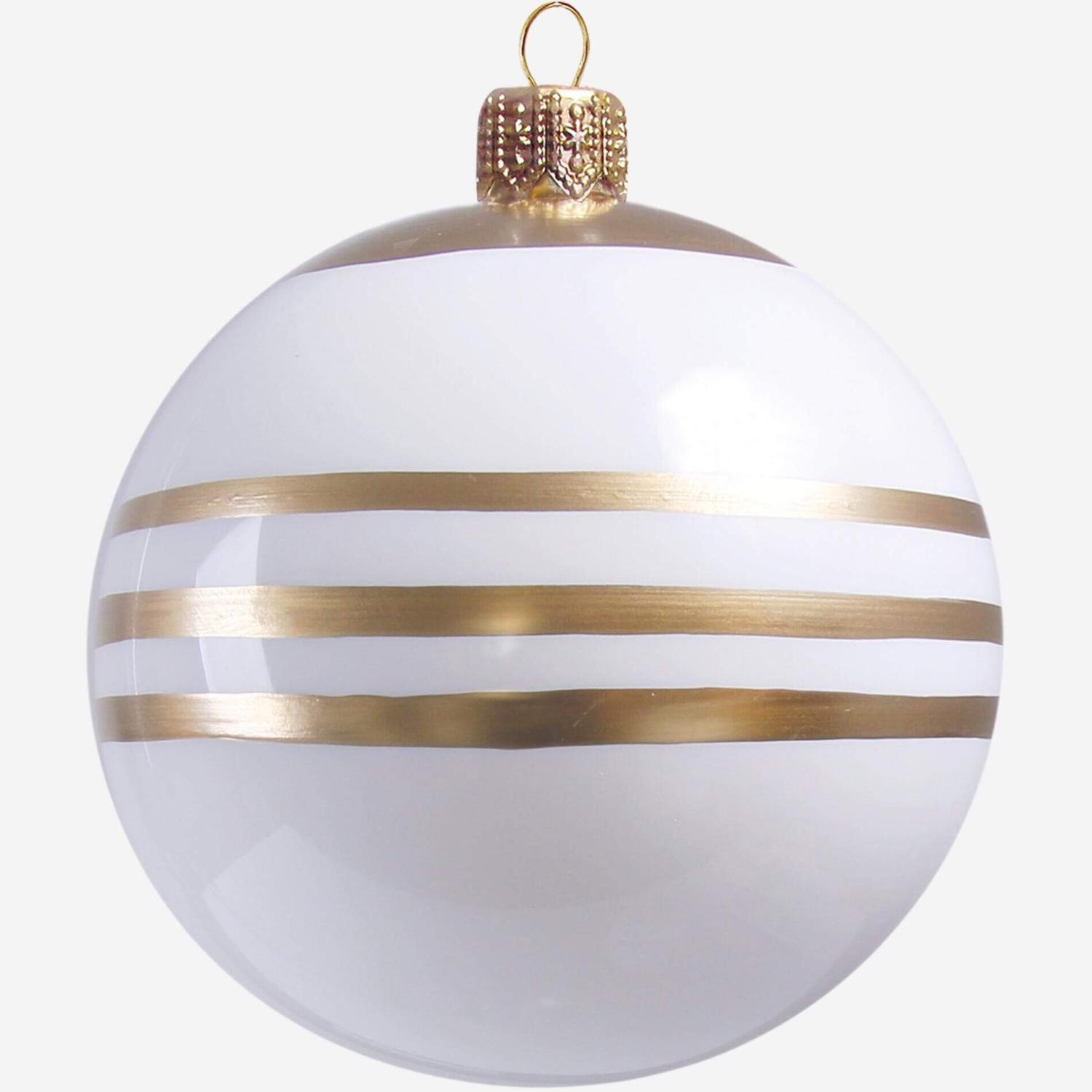 Boule de Noël D.8 en verre blanche à rayures dorées (Lot de 6)
