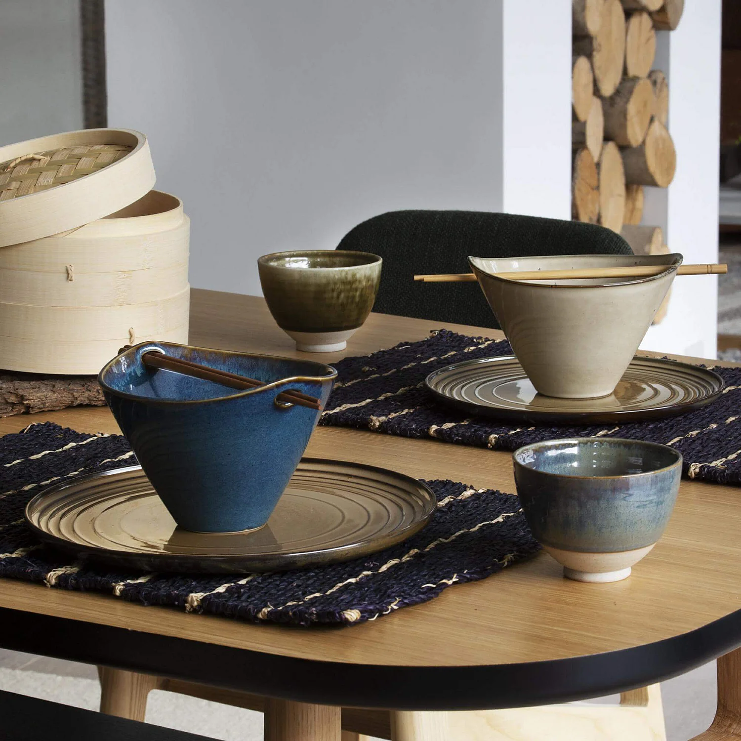 Bol de nouilles avec baguettes en grès - 8 cm - Marron (Lot de 4) - 1