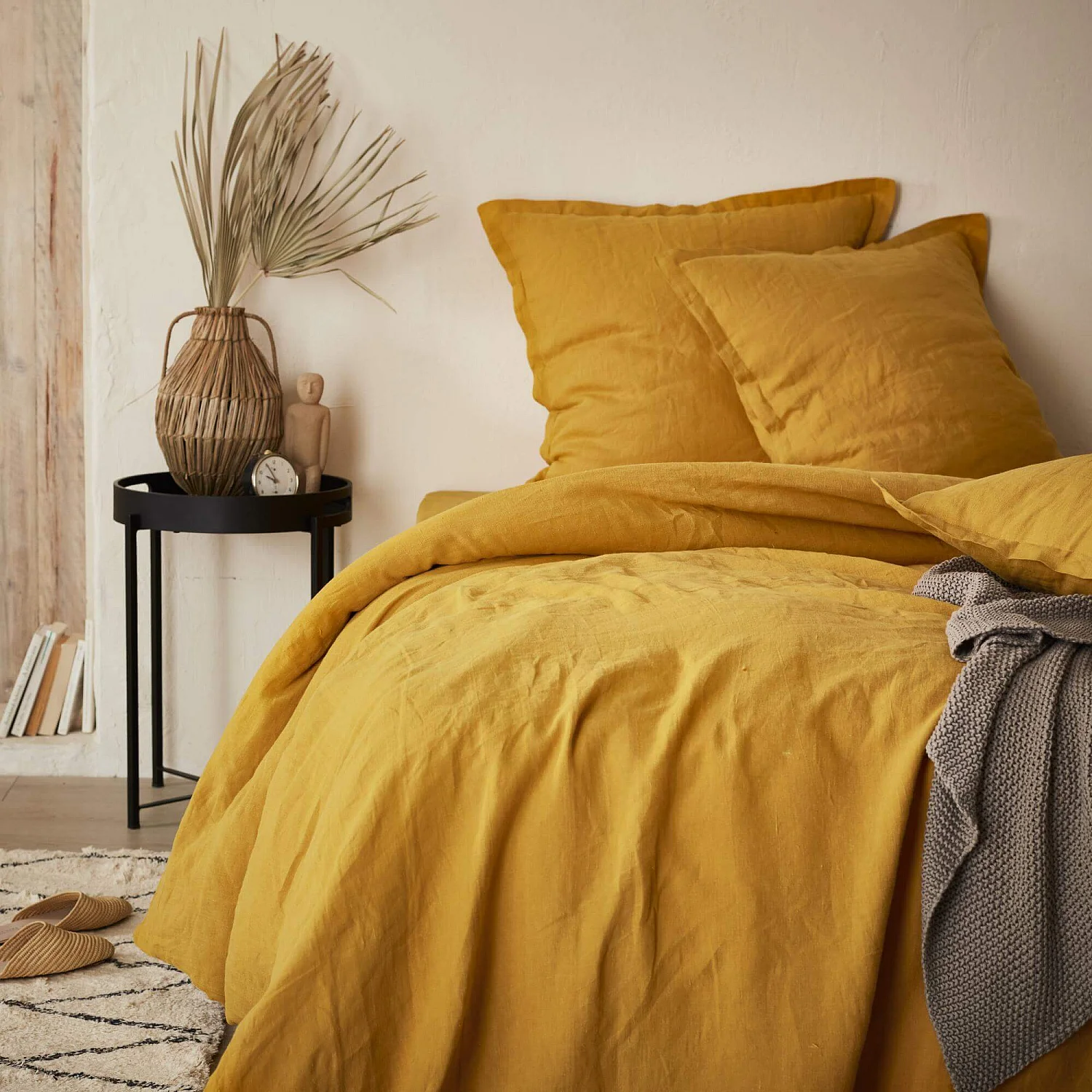 Taie d'oreiller en lin - 65 x 65 cm - Jaune moutarde (Lot de 2) - 1