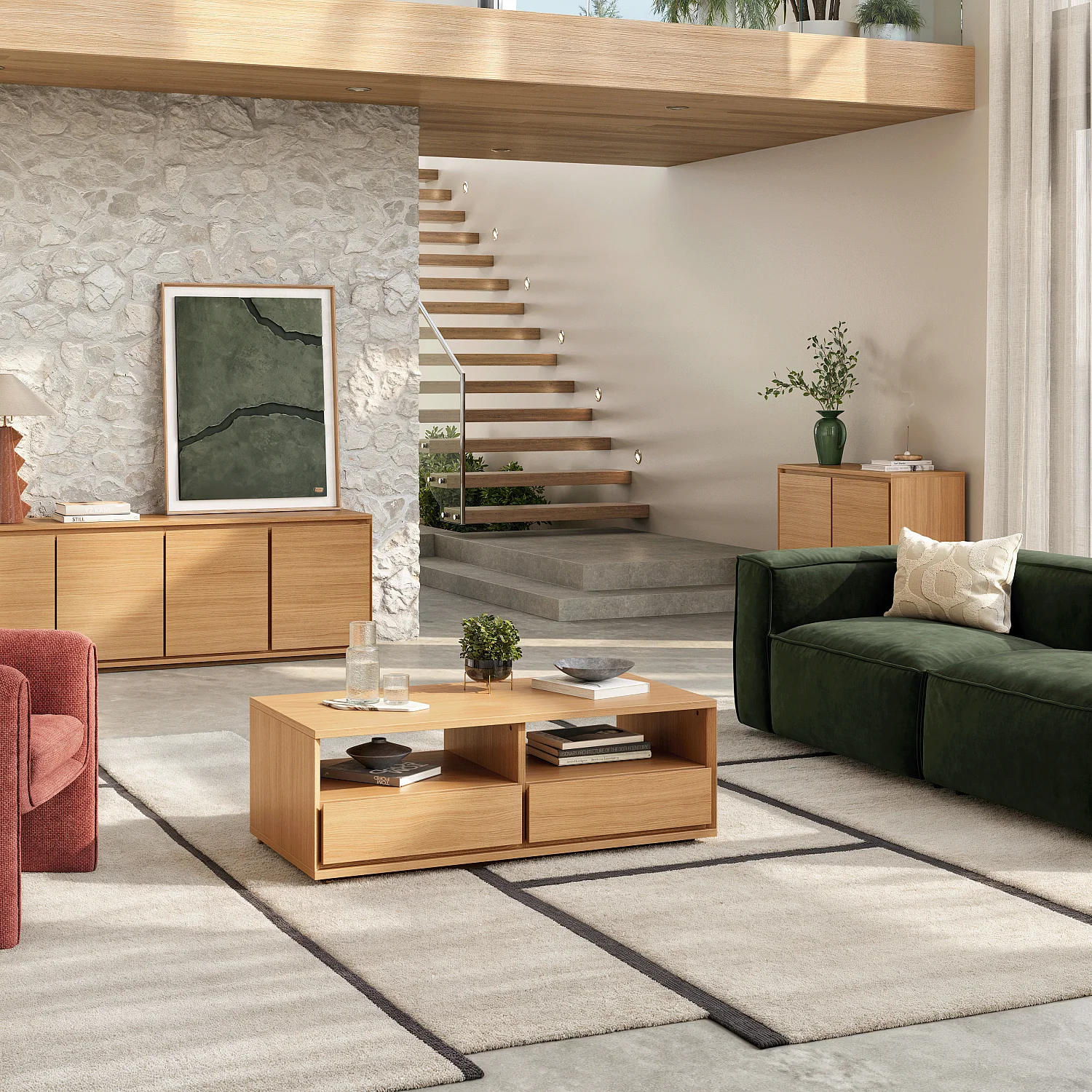 Table basse avec rangements en chêne - Naturel - 1