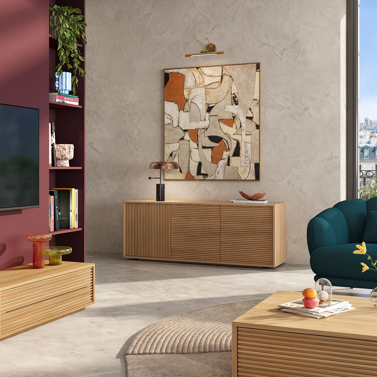 Buffet basso 3 ante in rovere - Naturale - 1