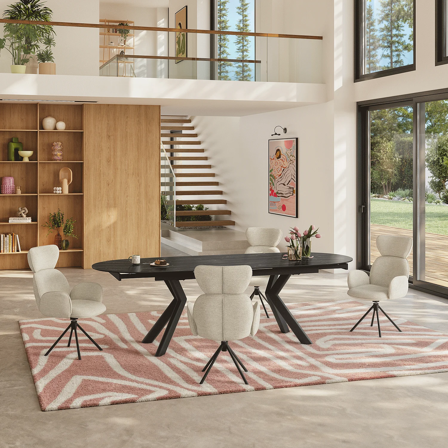 Lot de 2 chaises pivotantes en tissu et métal noir avec accoudoirs - Sable blanc - 1