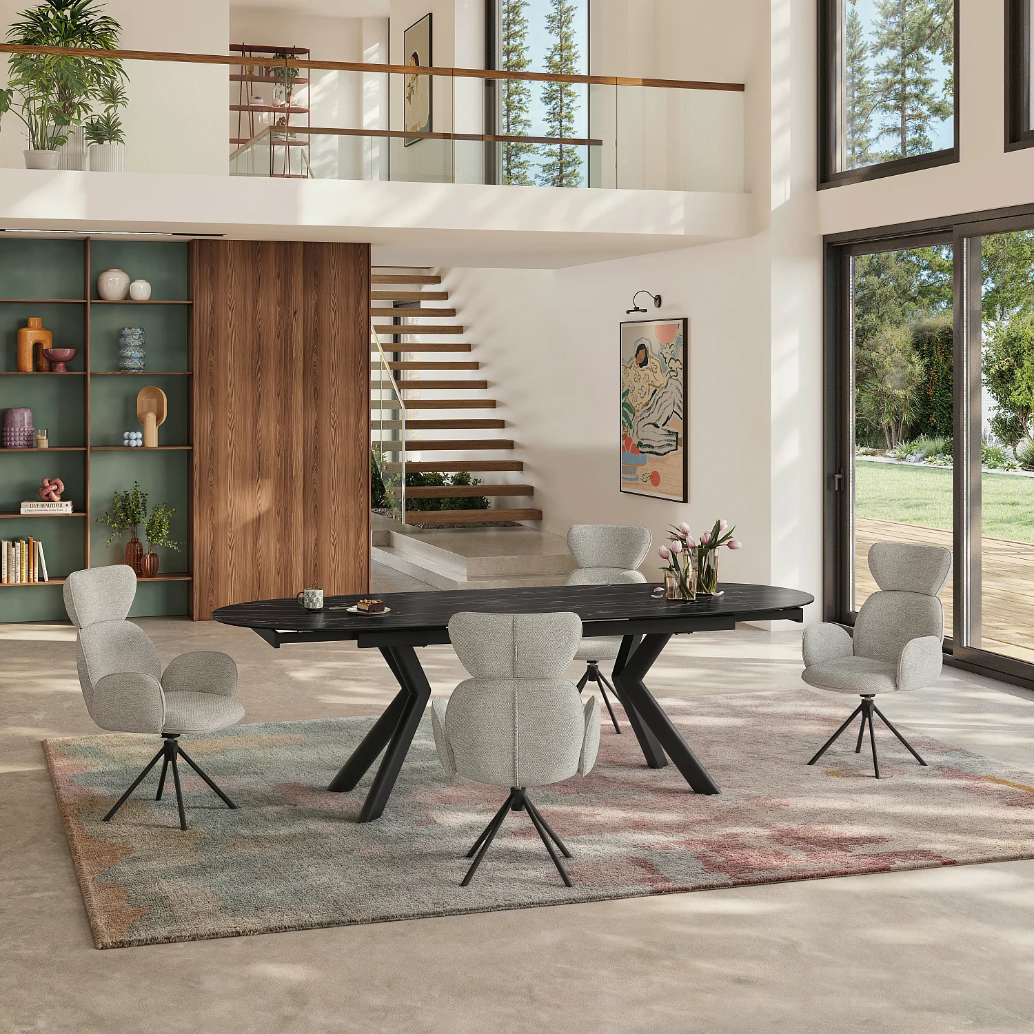 Drehstuhl 2er-Set - Stoff und schwarzes Metall - mit Armlehnen - Grau - 1