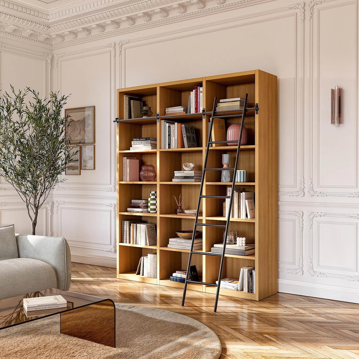 Bibliothèque en chêne avec échelle amovible - Naturel - Design by Hélèna Pille - 1