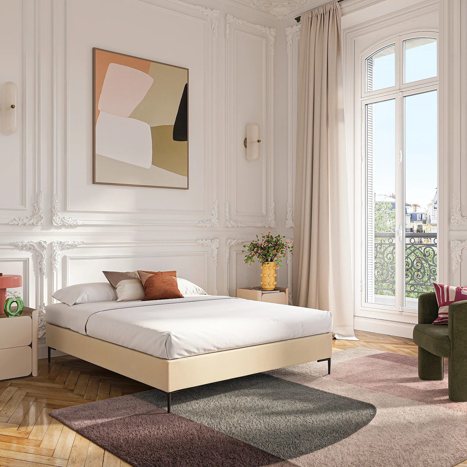 Sommier tapissier à lattes en tissu - 160 x 200 cm - Crème - 1