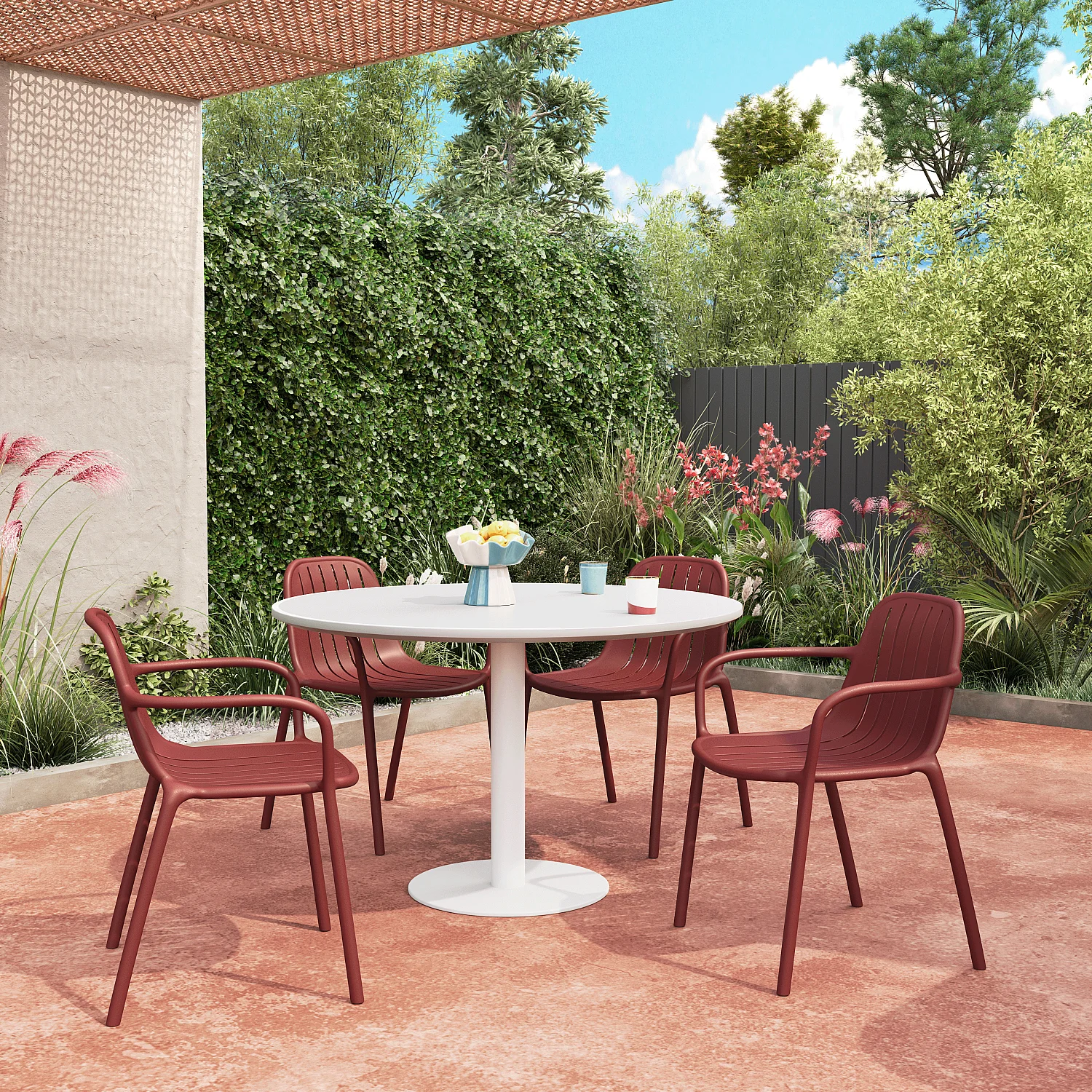 Lot de 2 chaises de jardin en polypropylène avec accoudoirs - Rouge parme - 1