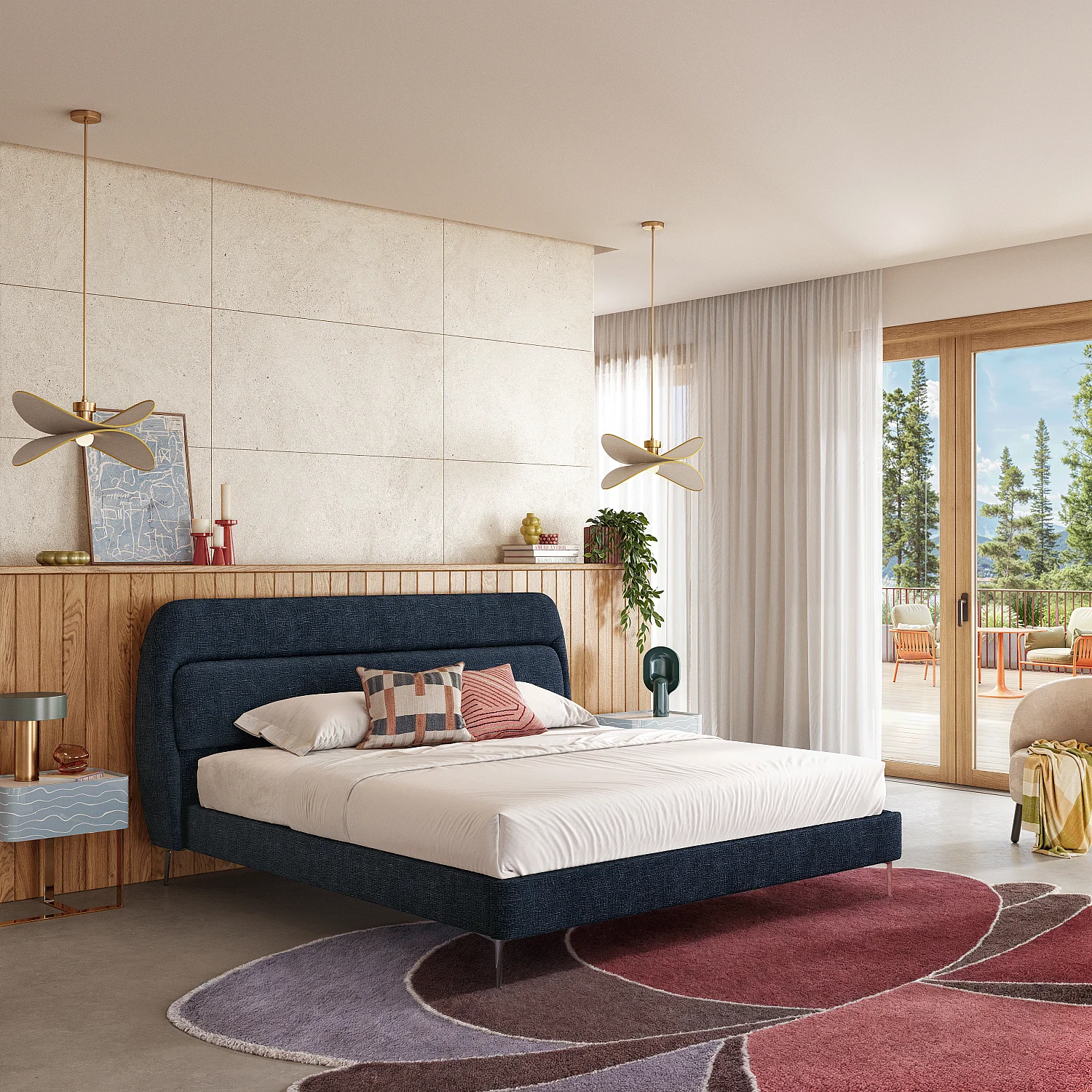 Lit 160 x 200 cm en tissu - Bleu nuit - 1