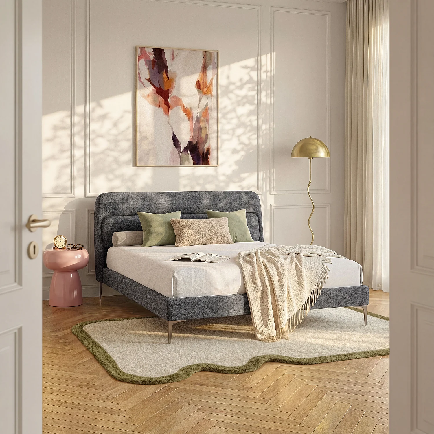 Lit 160 x 200 cm en tissu - Gris galet - 1