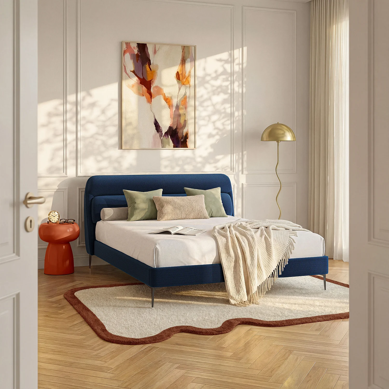 Cama 160 x 200 cm em tecido 3D - Azul-marinho - 1
