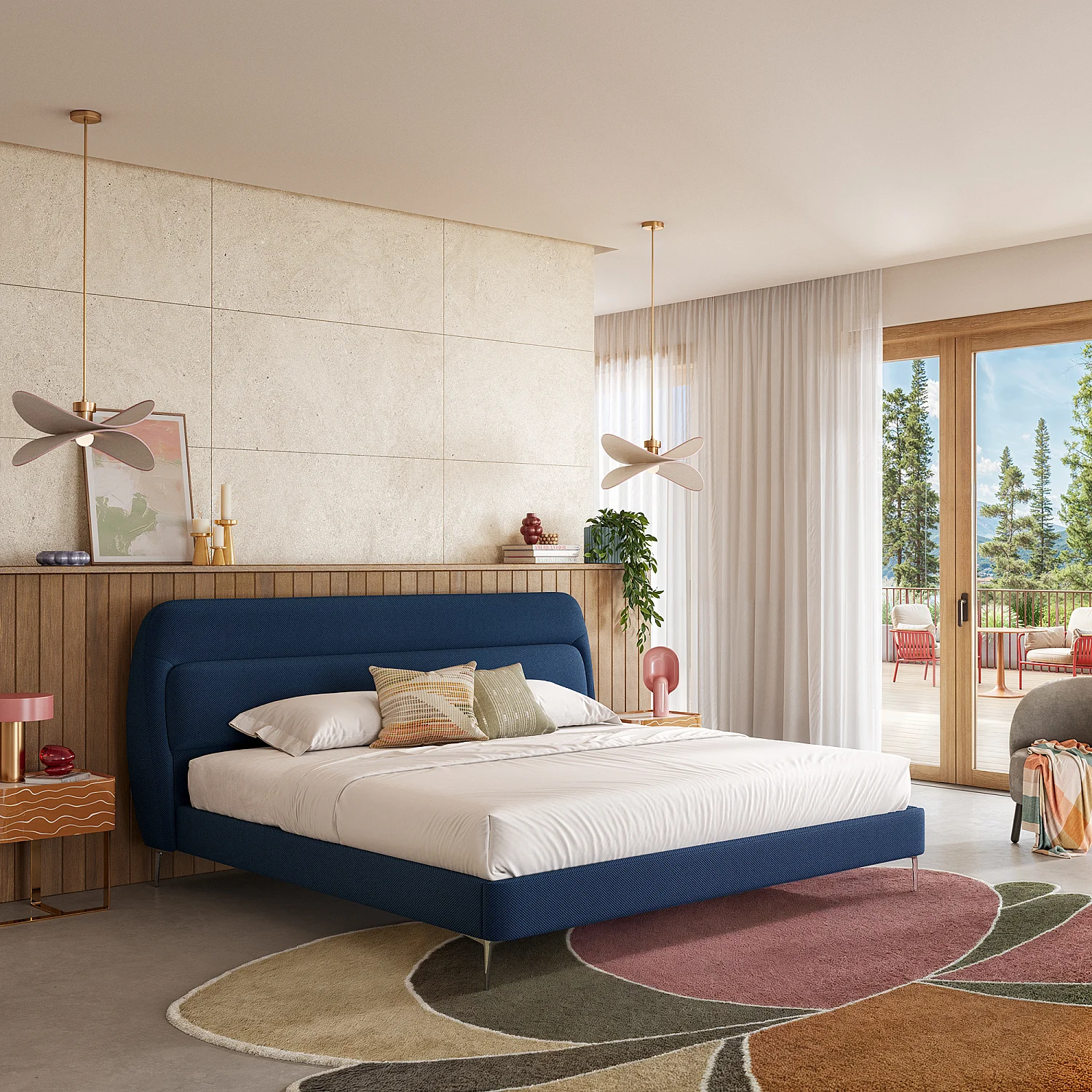 Lit 180 x 200 cm en tissu 3D - Bleu marine - 1