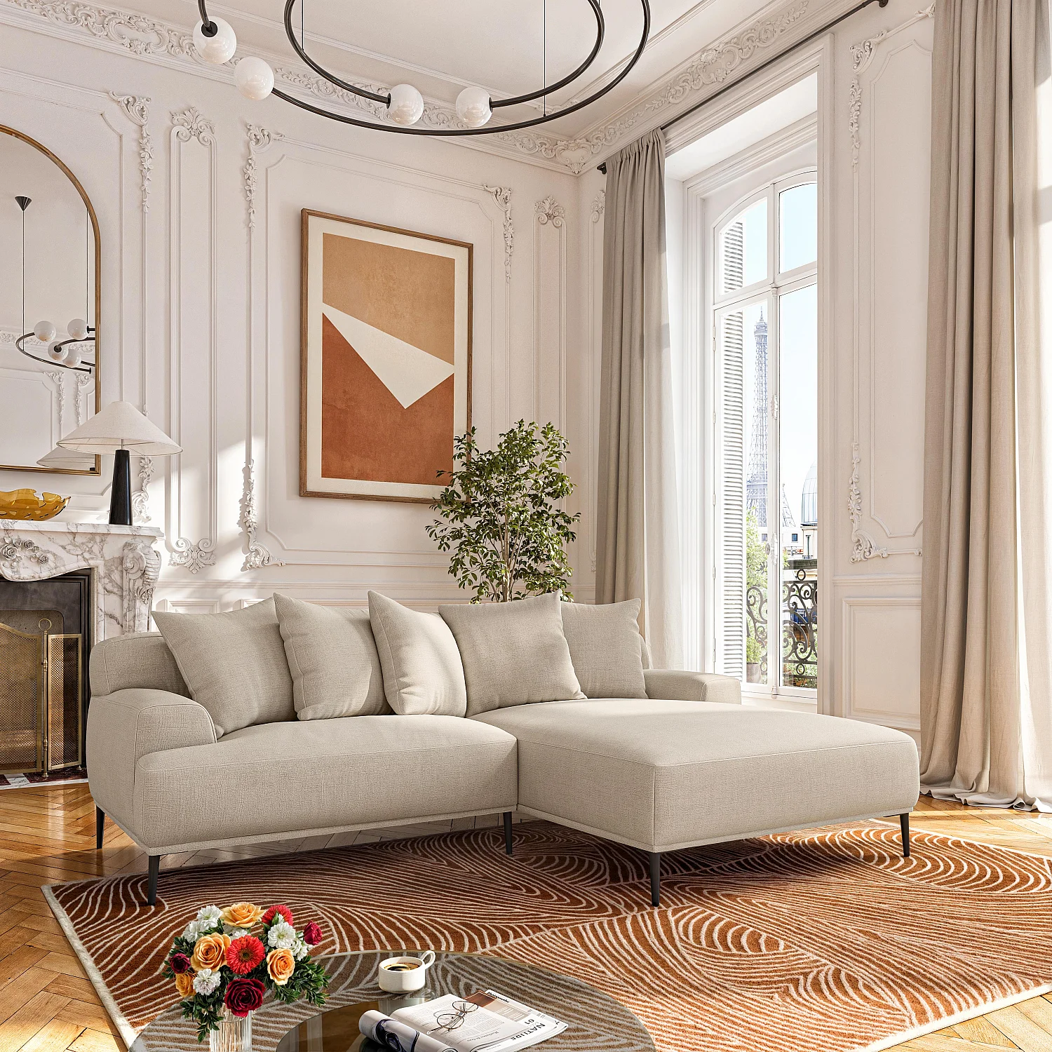 Canapé d'angle droit en coton et lin garni de plumes - Beige - 1