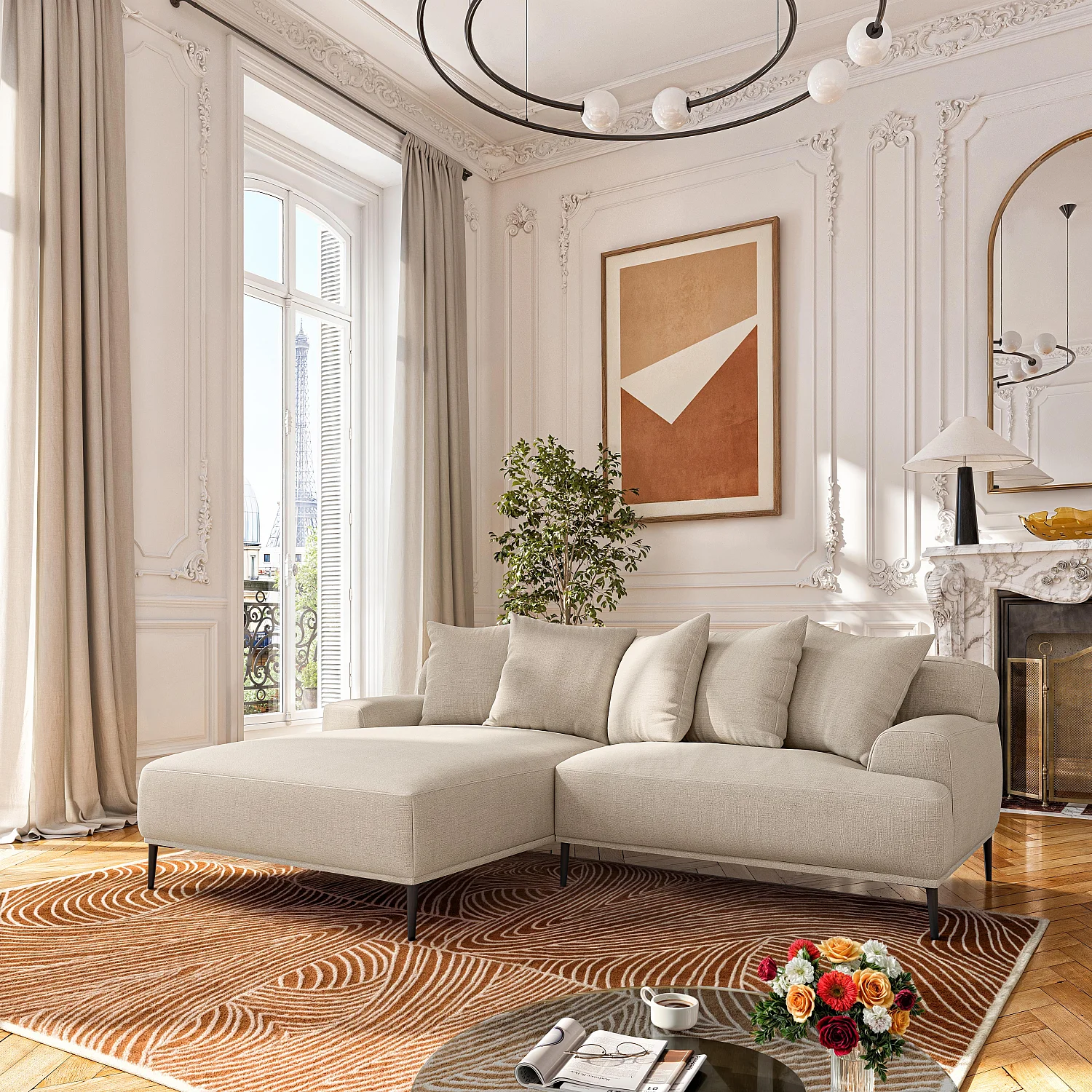 Divano d'angolo sinistro in cotone e lino imbottito di piume - Beige - 3