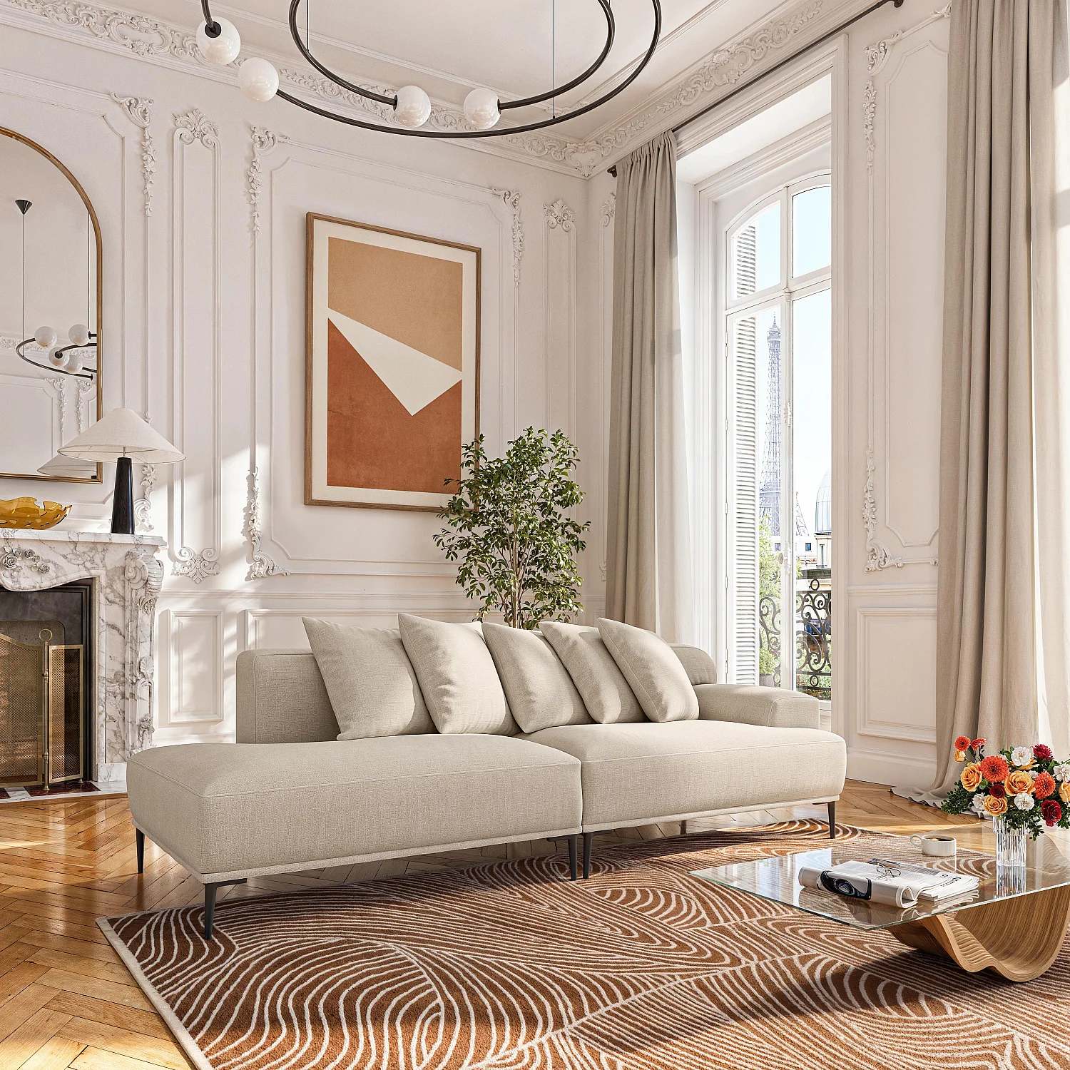 Méridienne droite en coton et lin garnie de plumes - Beige - 1