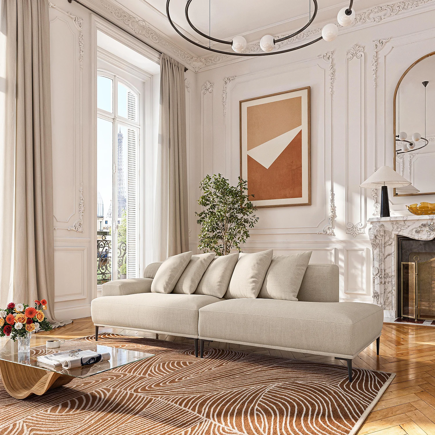 Méridienne gauche en coton et lin garnie de plumes - Beige - 1