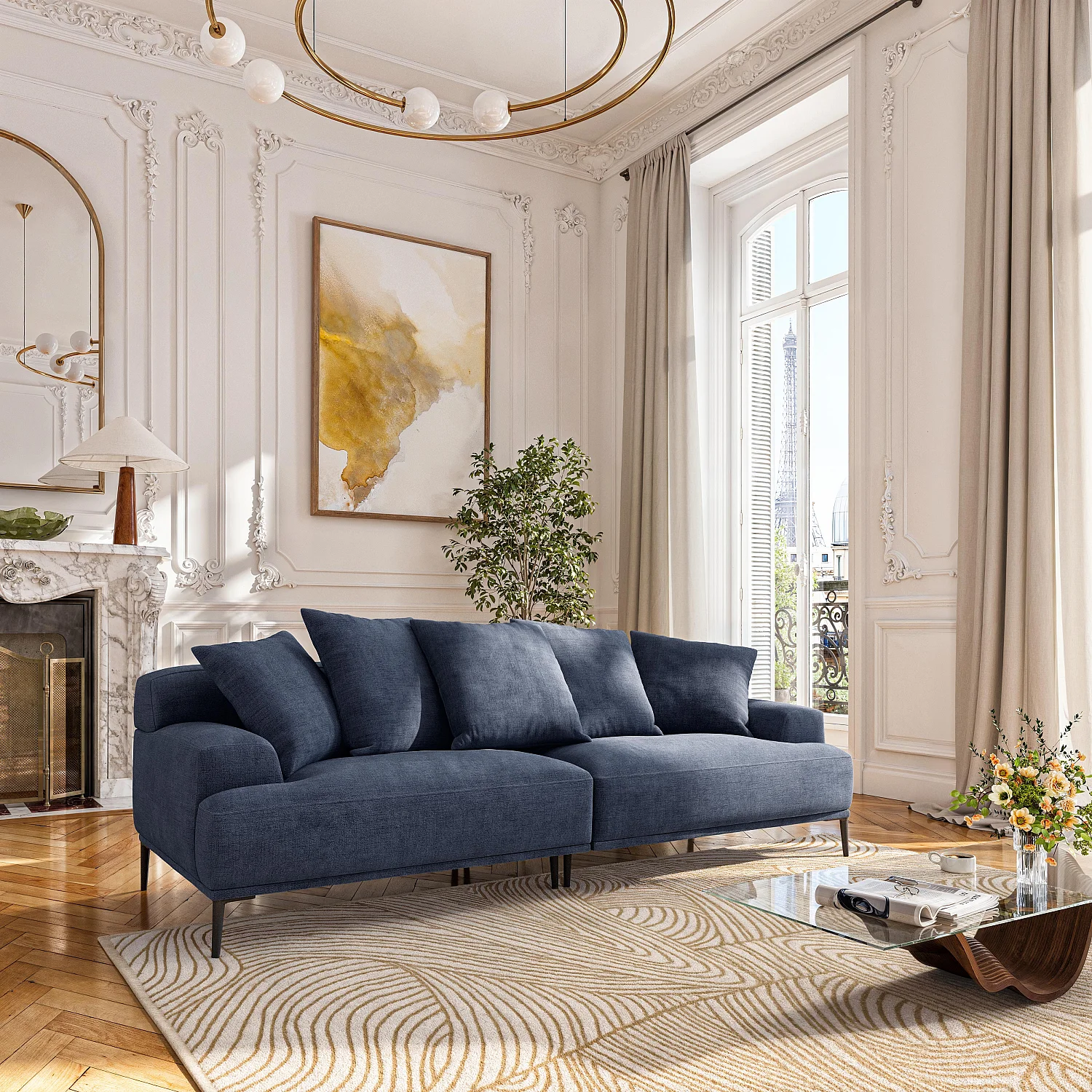 Sofa 3-Sitzer - aus Baumwolle und Leinen - mit Federfüllung - Blau - 9