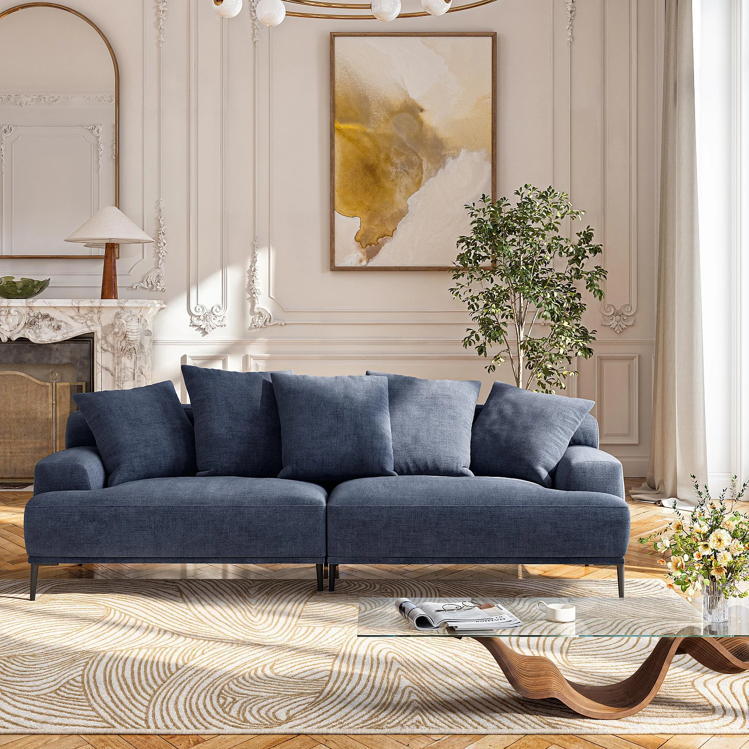 Sofa 3-Sitzer - aus Baumwolle und Leinen - mit Federfüllung - Blau - 1