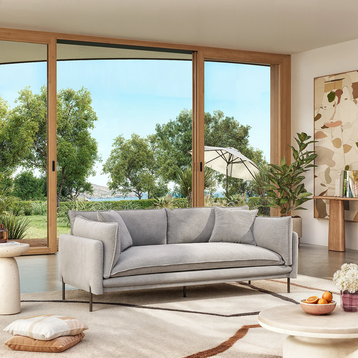 Canapé 3 places déhoussable en tissu garni de plumes - Gris perle - 1