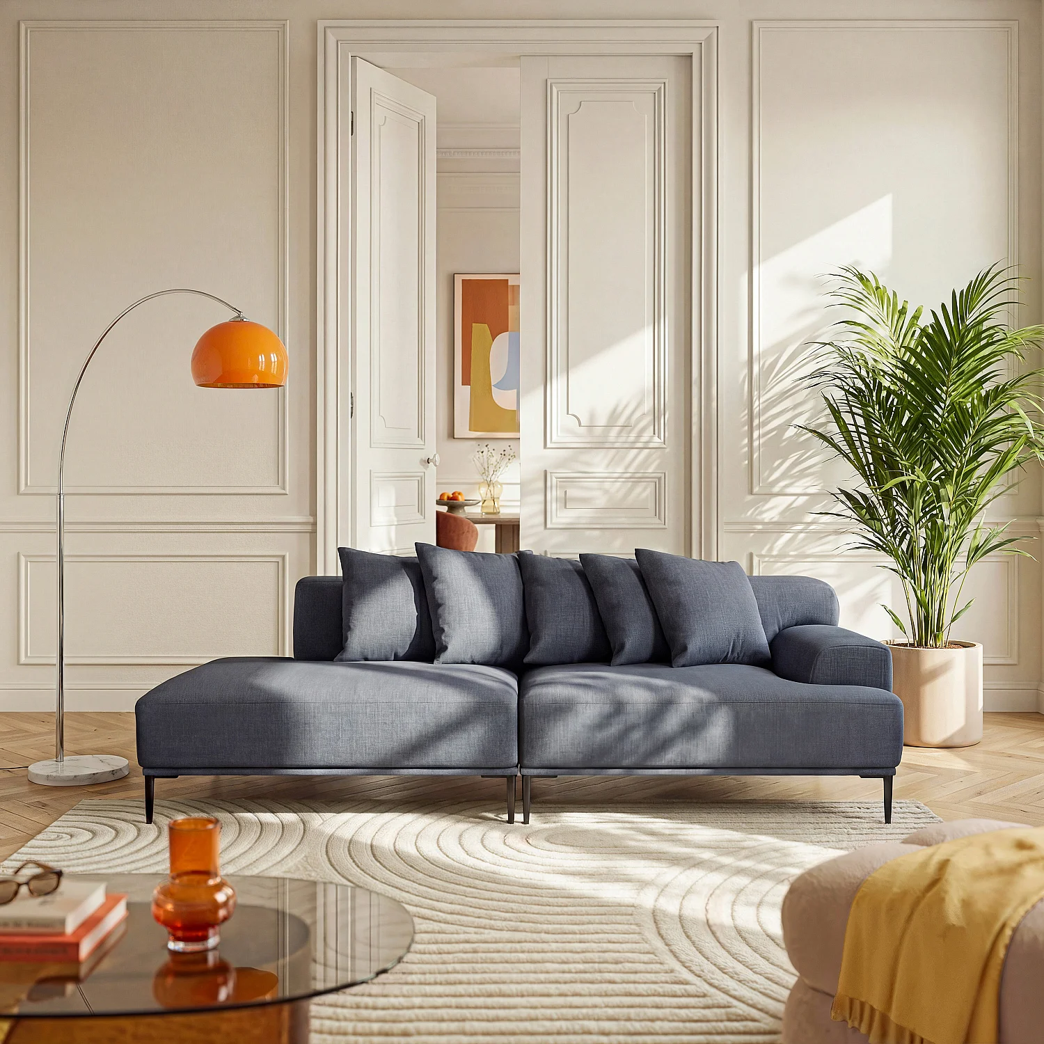 Méridienne droite en coton et lin garnie de plumes - Bleu - 1