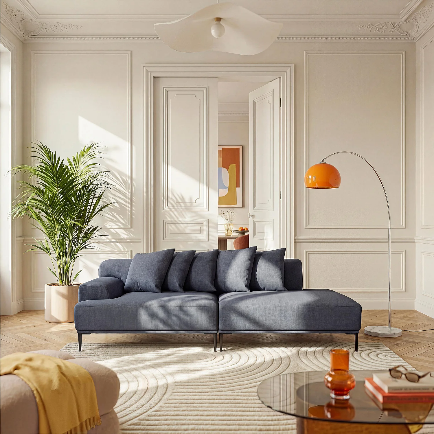 Méridienne gauche en coton et lin garnie de plumes - Bleu - 1