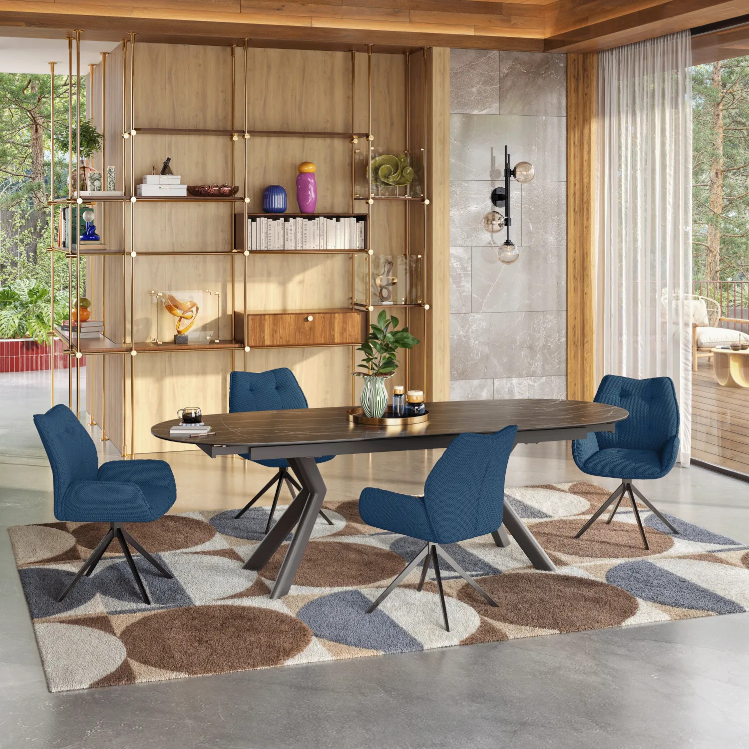 Chaise en tissu 3D et métal noir avec accoudoirs - Bleu marine