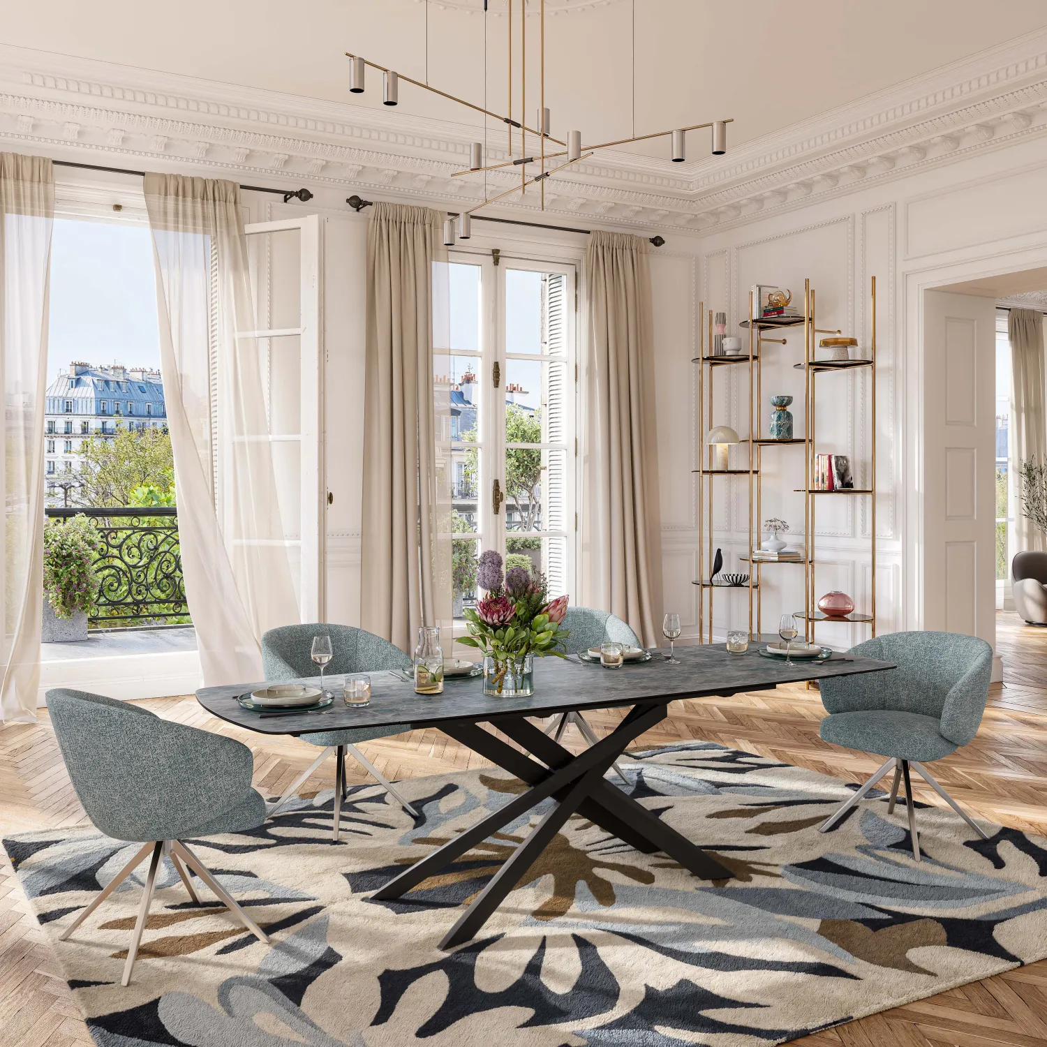 Chaise pivotante en tissu texturé et métal chromé avec accoudoirs - Bleu chiné - 1