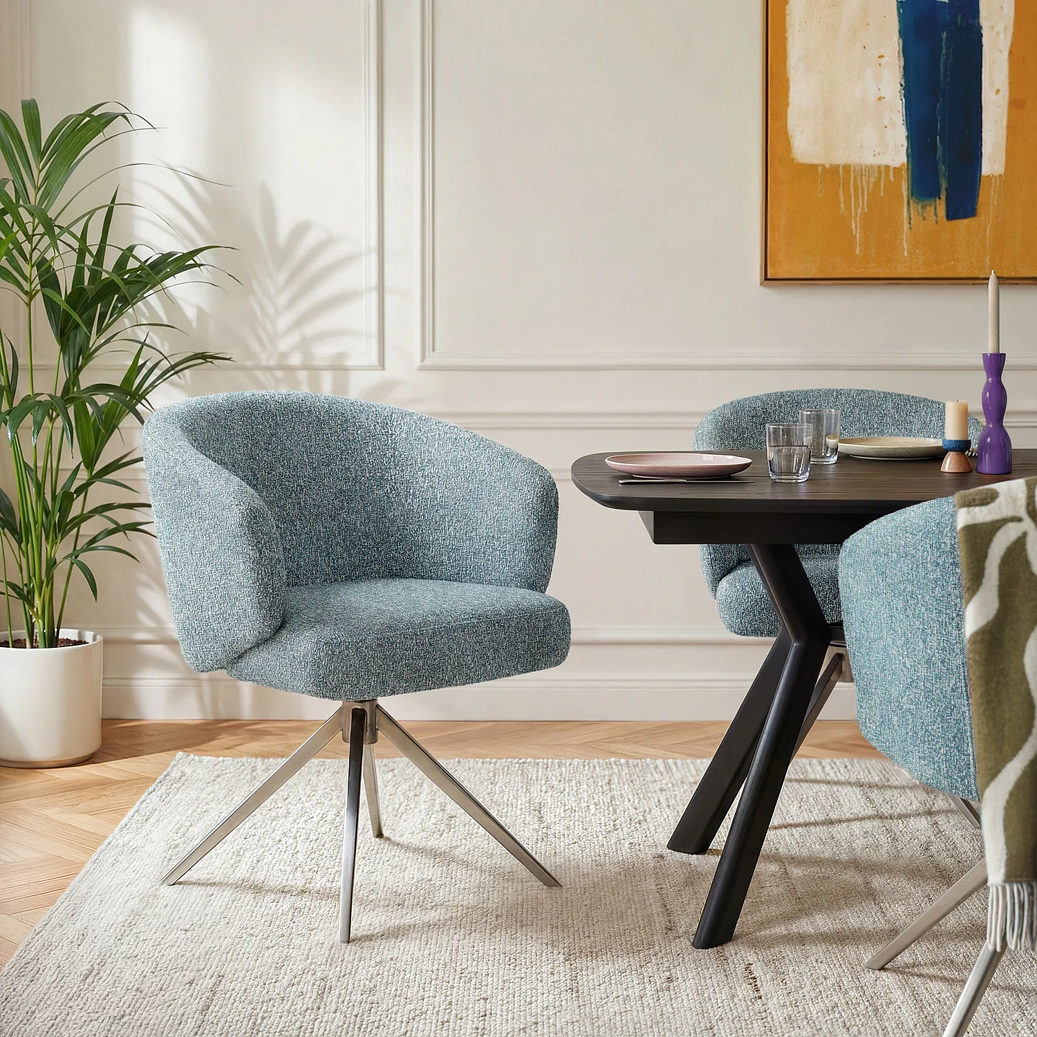 Sedia girevole in tessuto testurizzato e metallo cromato con braccioli - Blu mélange - 4