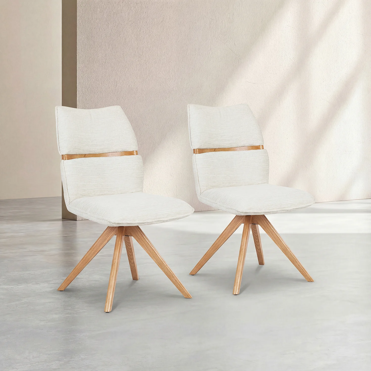 Lot de 2 chaises pivotantes en tissu et chêne - Crème - 1