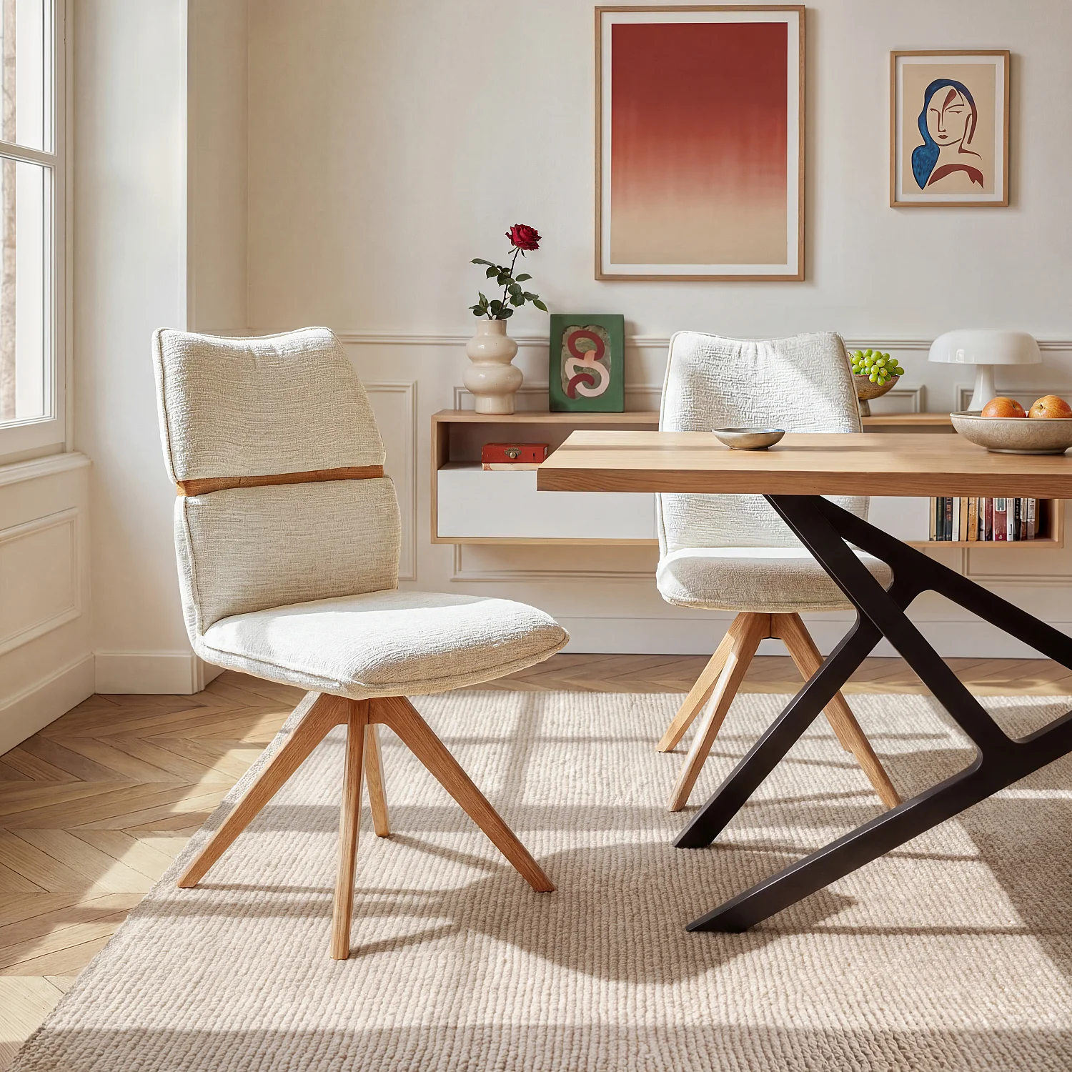 Lot de 2 chaises pivotantes en tissu et chêne - Crème - 3