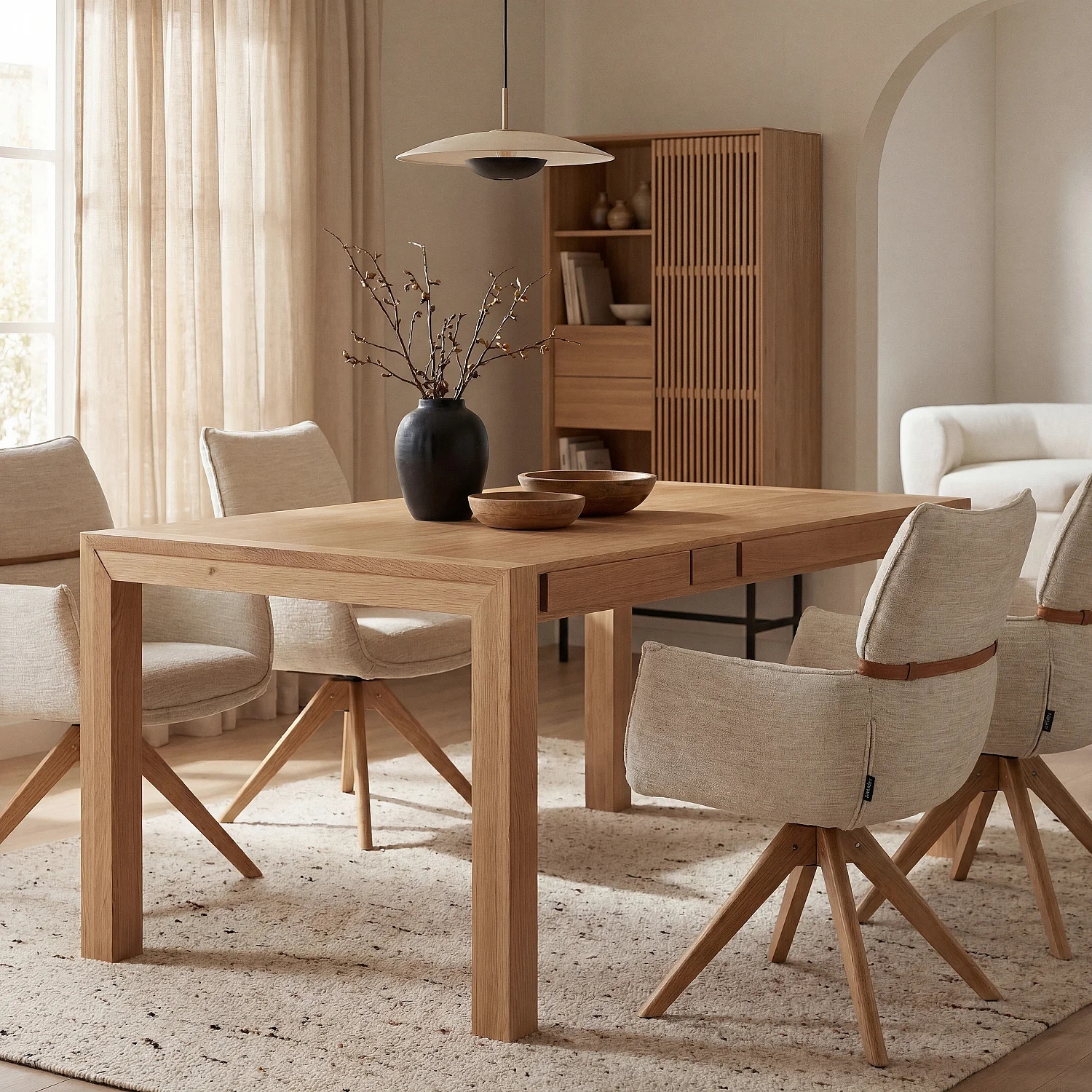 Chaise pivotante en tissu et chêne avec accoudoirs - Crème - 1