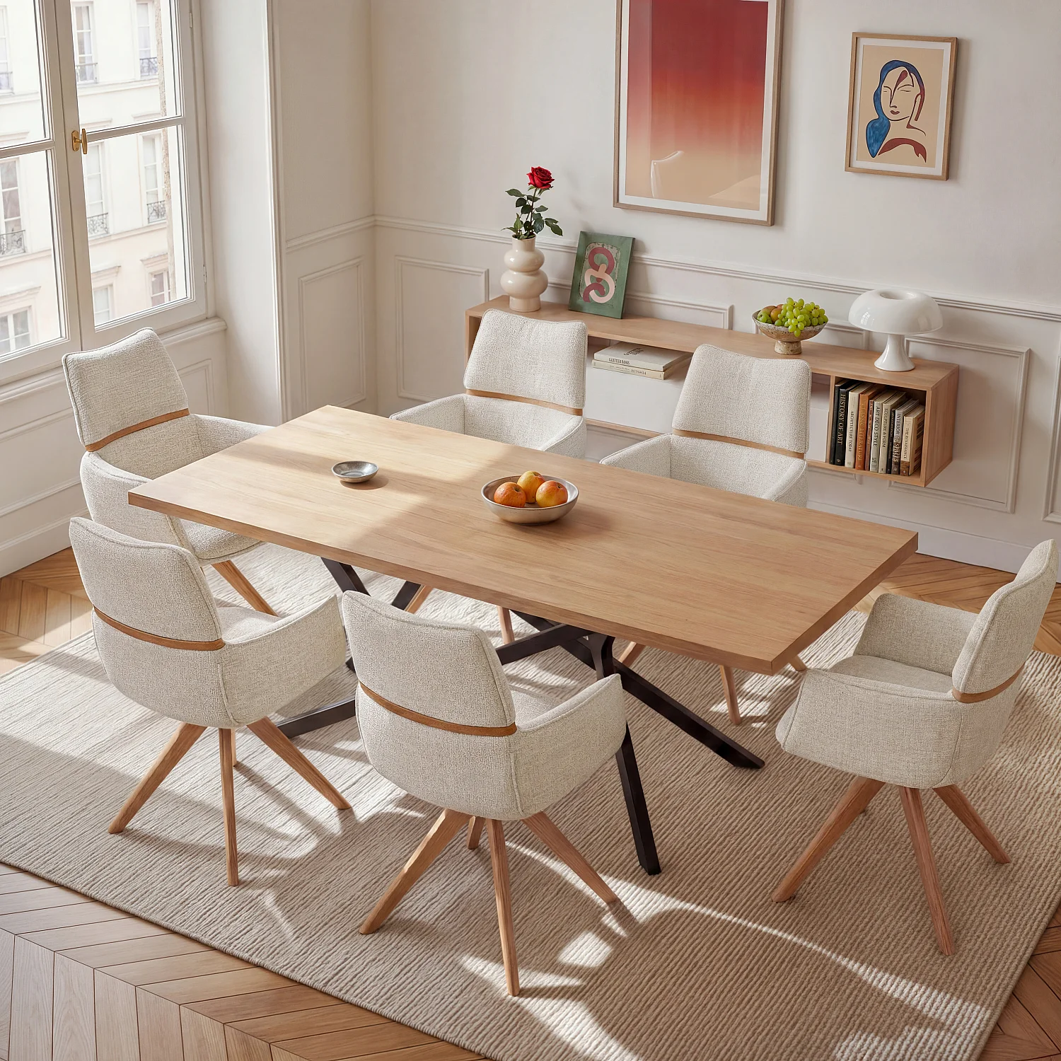 Sedia girevole in tessuto e rovere con braccioli - Crema - 1