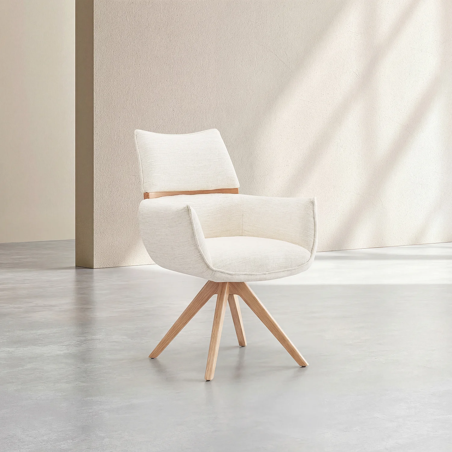 Sedia girevole in tessuto e rovere con braccioli - Crema - 2