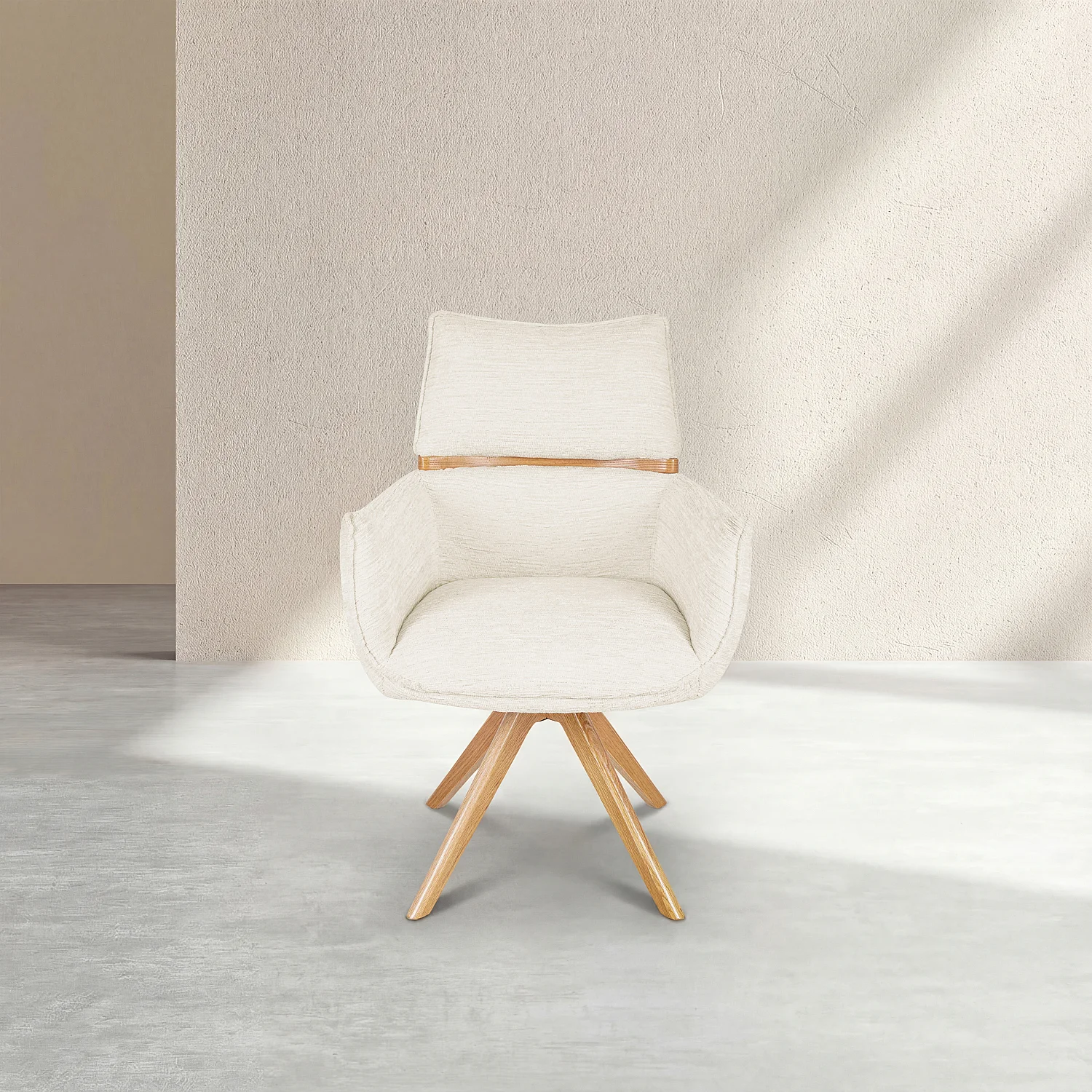 Sedia girevole in tessuto e rovere con braccioli - Crema - 5