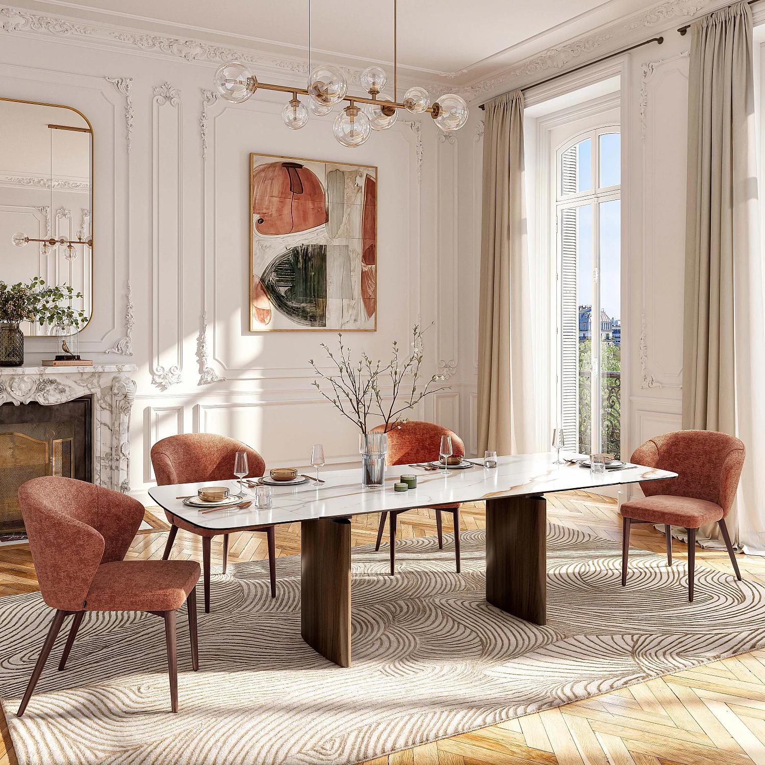 Rechthoekige uitschuifbare tafel van keramiek met walnootafwerking - Beige - 1