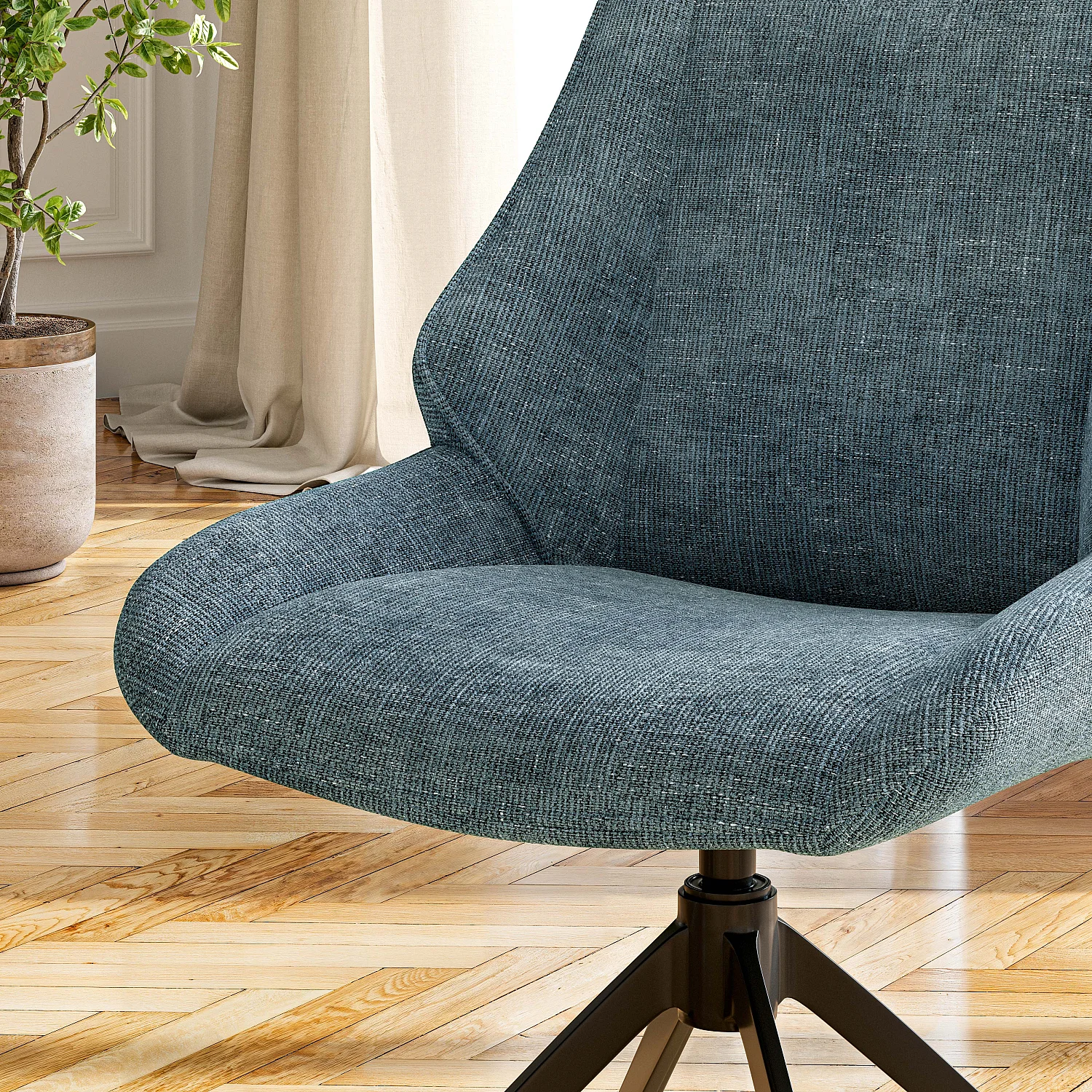 Set van 2 draaibare stoelen van chenille stof en zwart metaal - Eendenblauw - 6