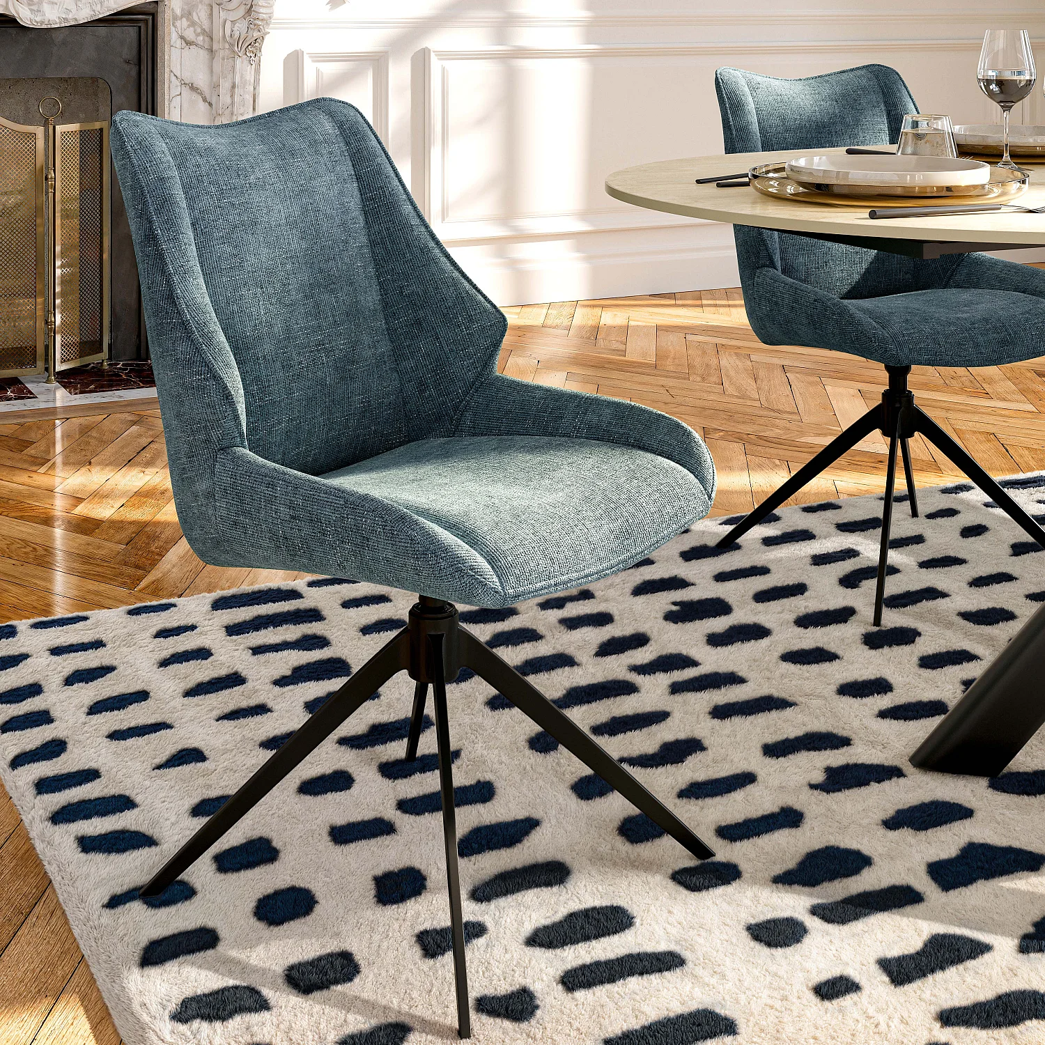 Set aus 2 drehbaren Stühlen aus Chenille-Stoff und schwarzem Metall - Entenblau - 1