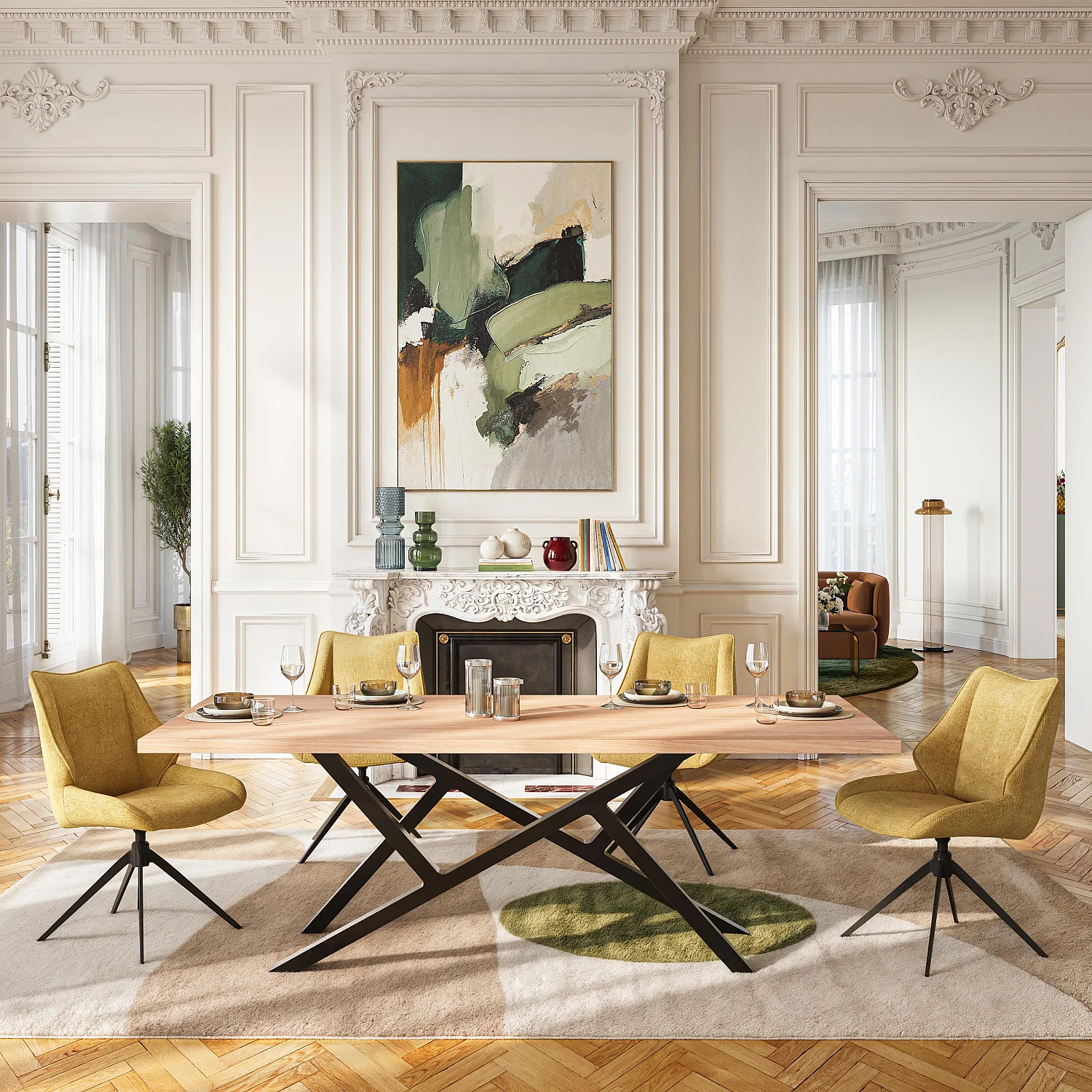 Set aus 2 drehbaren Stühlen aus Chenille-Stoff und schwarzem Metall - Honig - 1