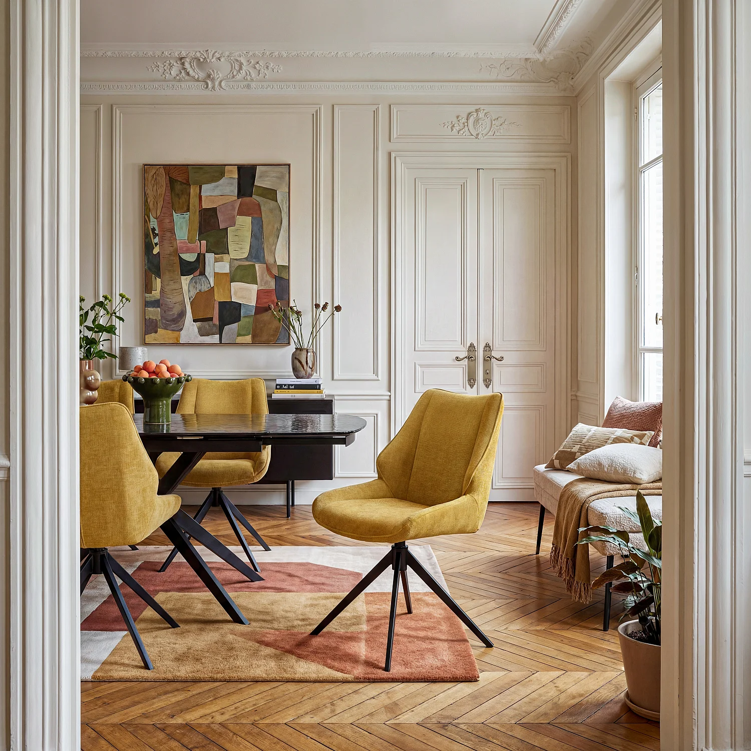 Conjunto de 2 sillas giratorias de tela chenilla y metal negro - Miel - 4