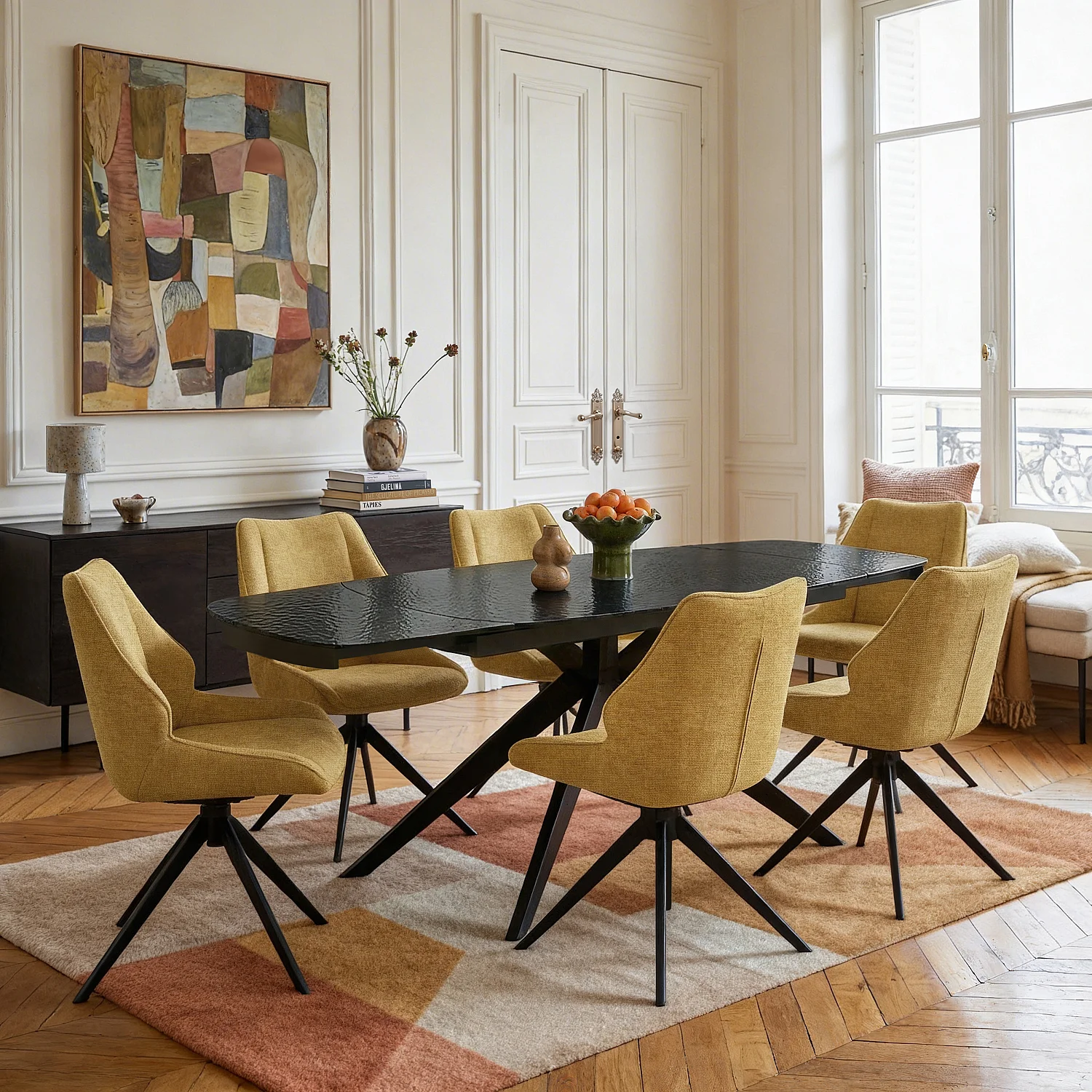 Set di 2 sedie girevoli in tessuto di velluto e metallo nero - Miele - 1