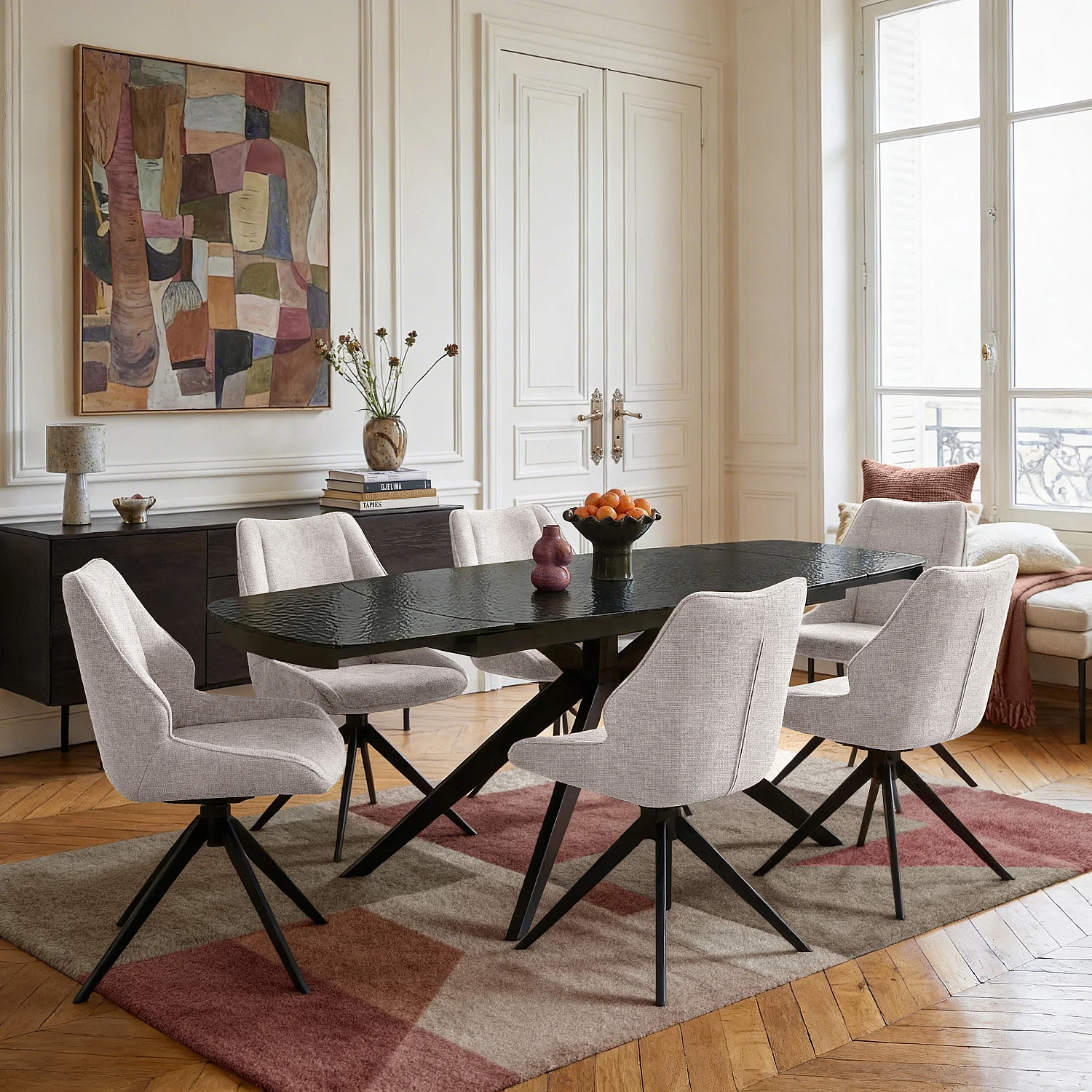 Set di 2 sedie girevoli in tessuto chenille e metallo nero - Beige - 1