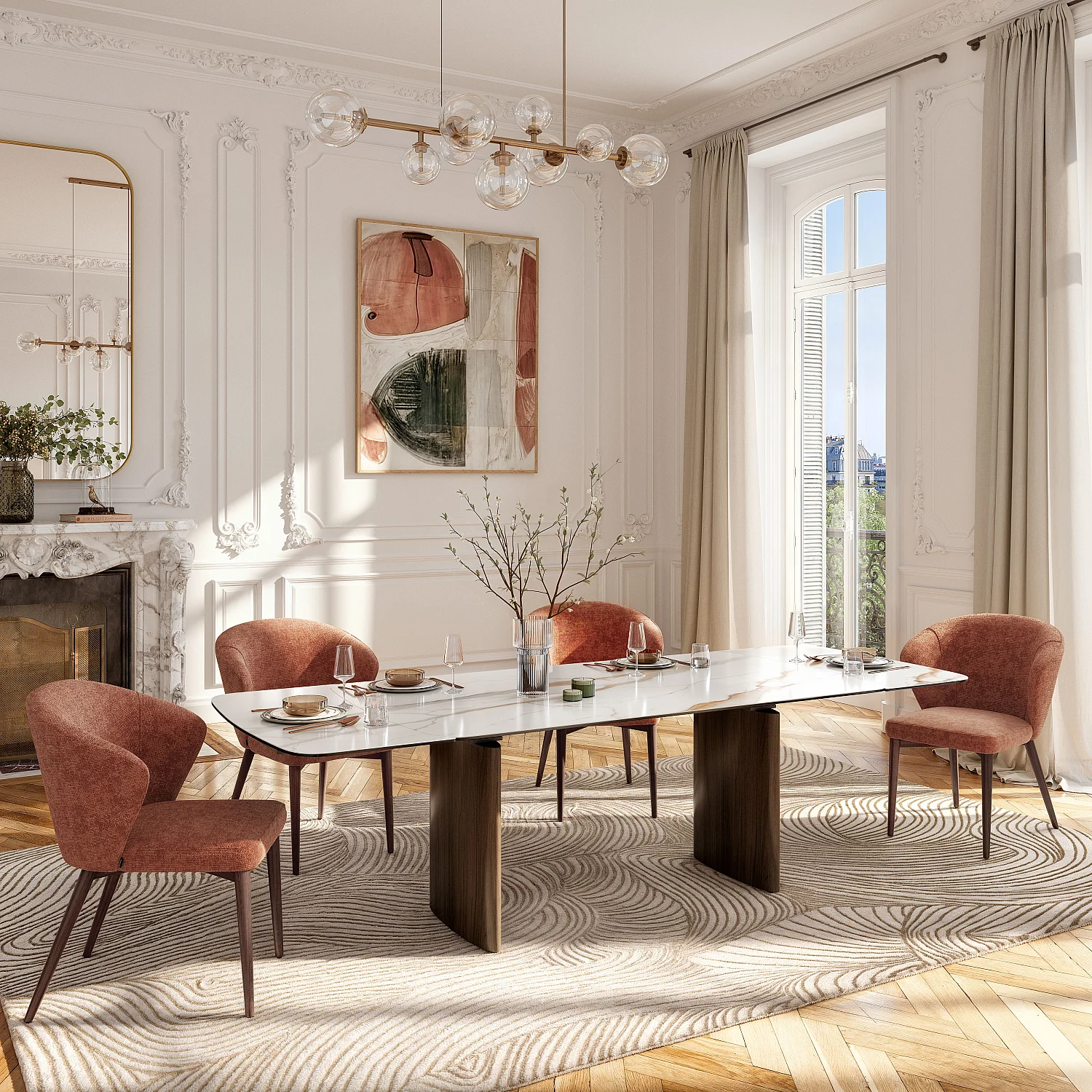 Set di 2 sedie in tessuto chenille e legno massiccio color noce - Terracotta - 1