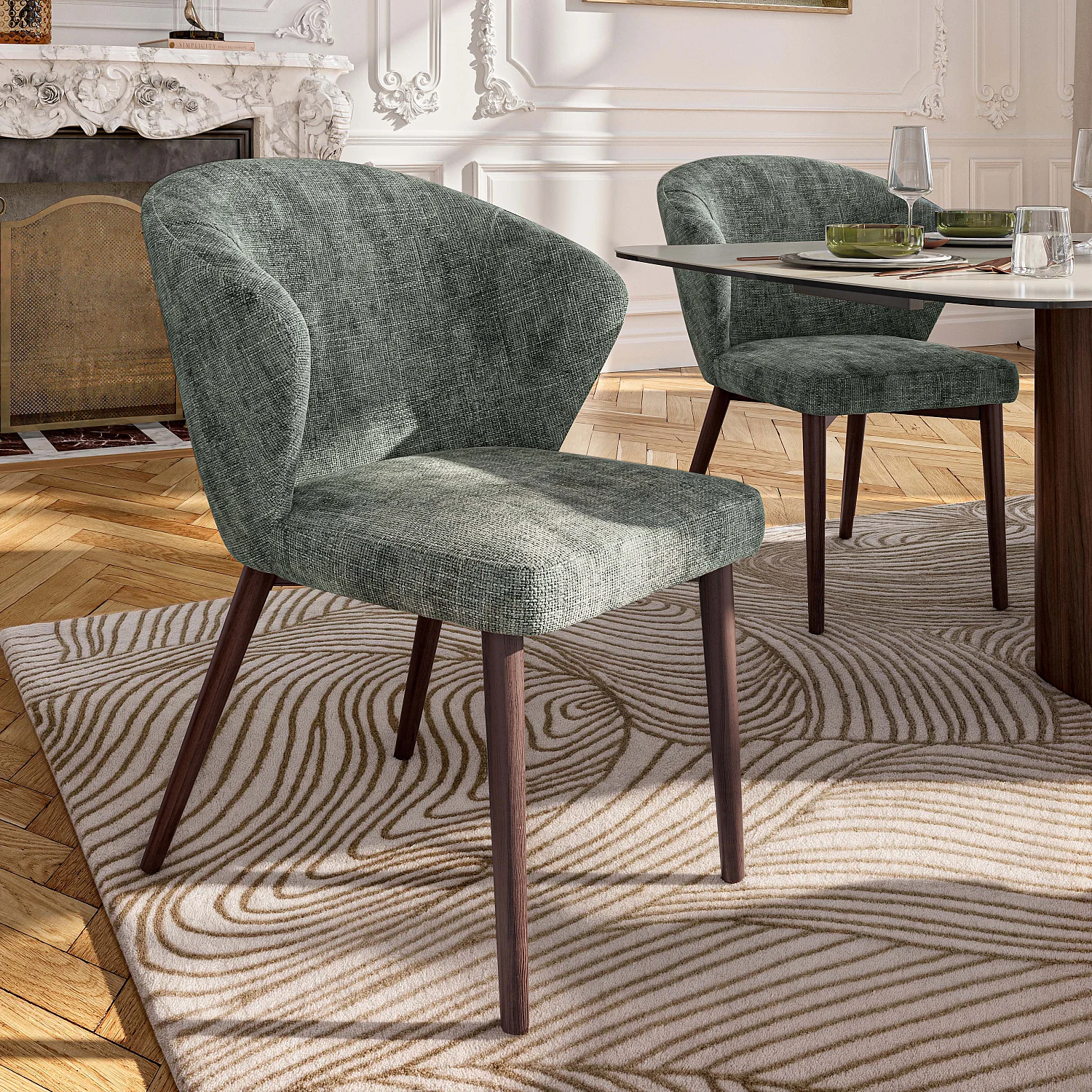 Lot de 2 chaises en tissu chenille et bois massif couleur noyer - Vert sapin - 4