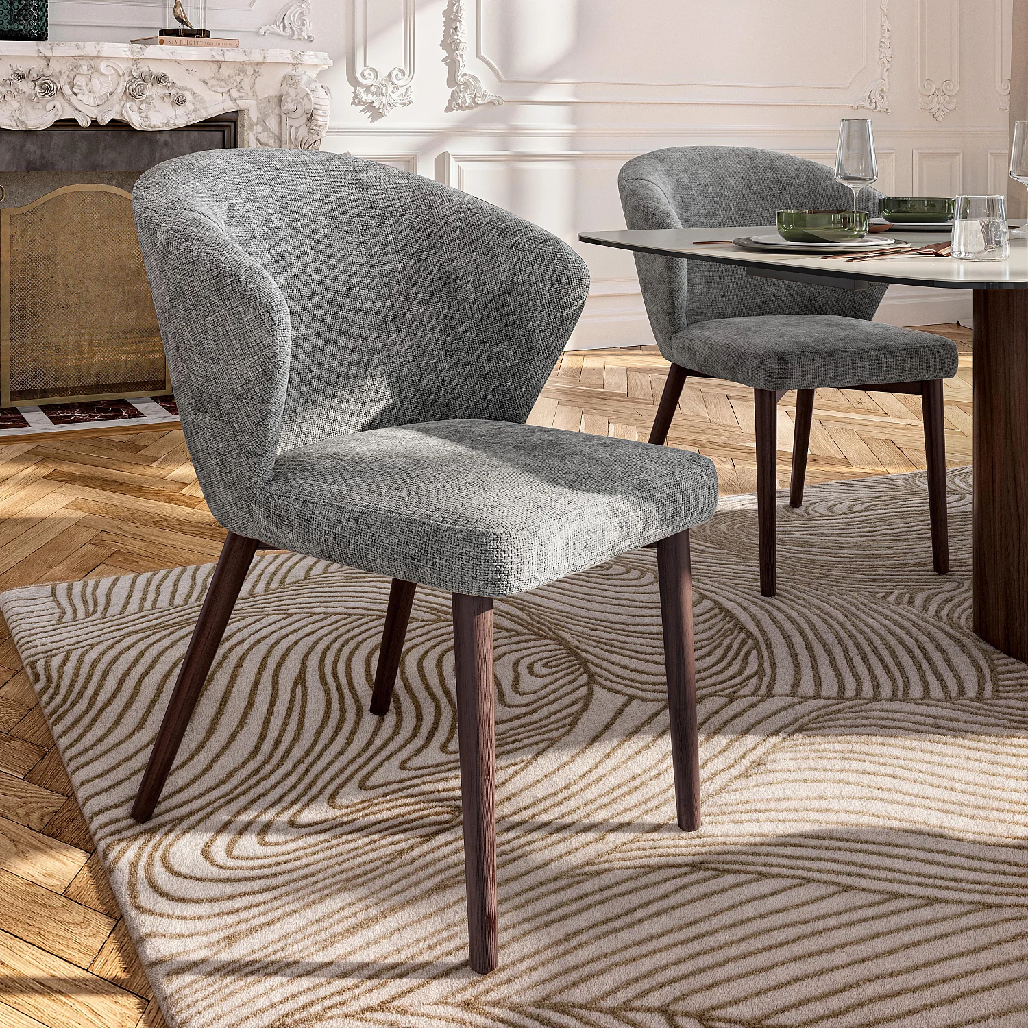 Lot de 2 chaises en tissu chenille et bois massif couleur noyer - Gris argent - 3