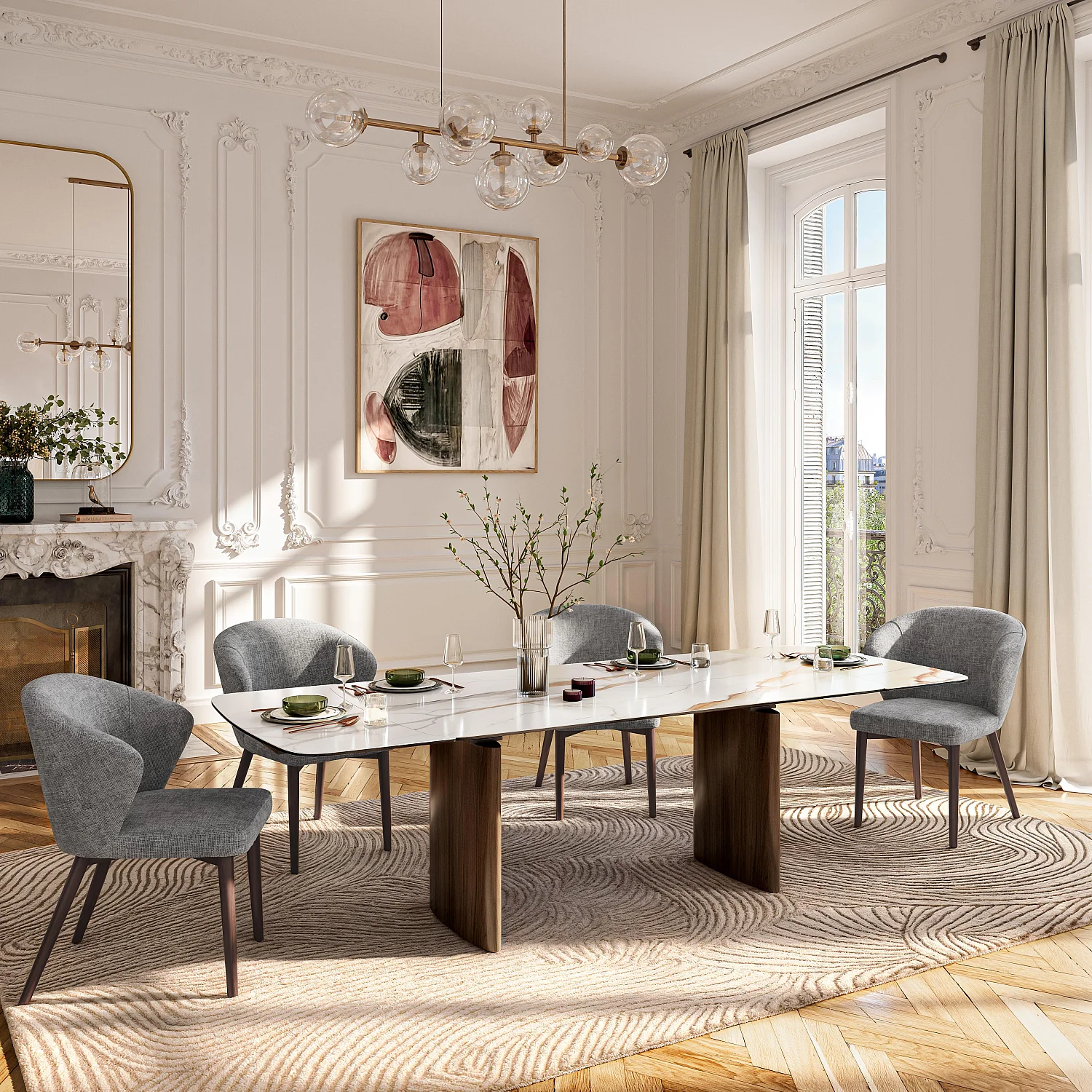 Set di 2 sedie in tessuto chenille e legno massello color noce - Grigio argento - 1