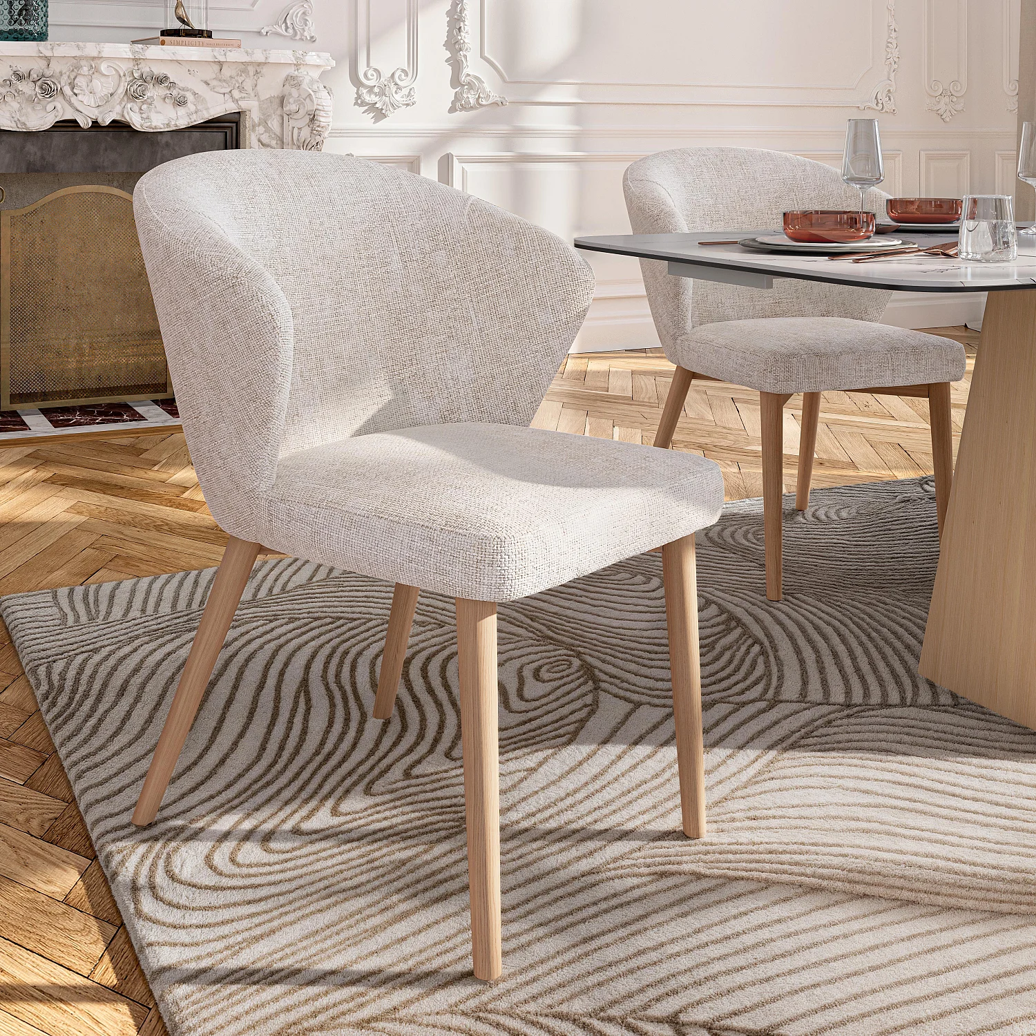 Set di 2 sedie in tessuto chenille e legno massiccio colore rovere - Crema - 1