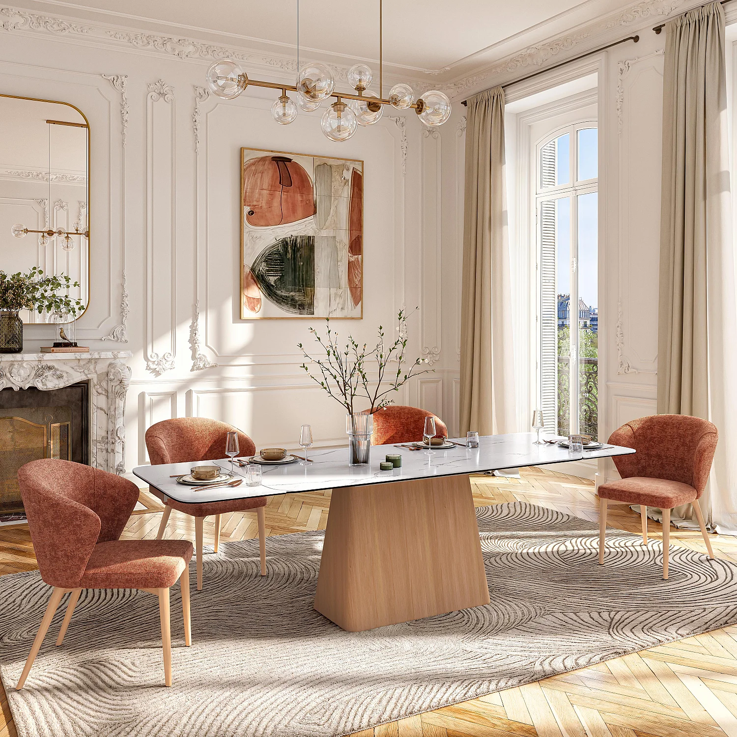 Lot de 2 chaises en tissu chenille et bois massif couleur chêne - Terracotta - 3