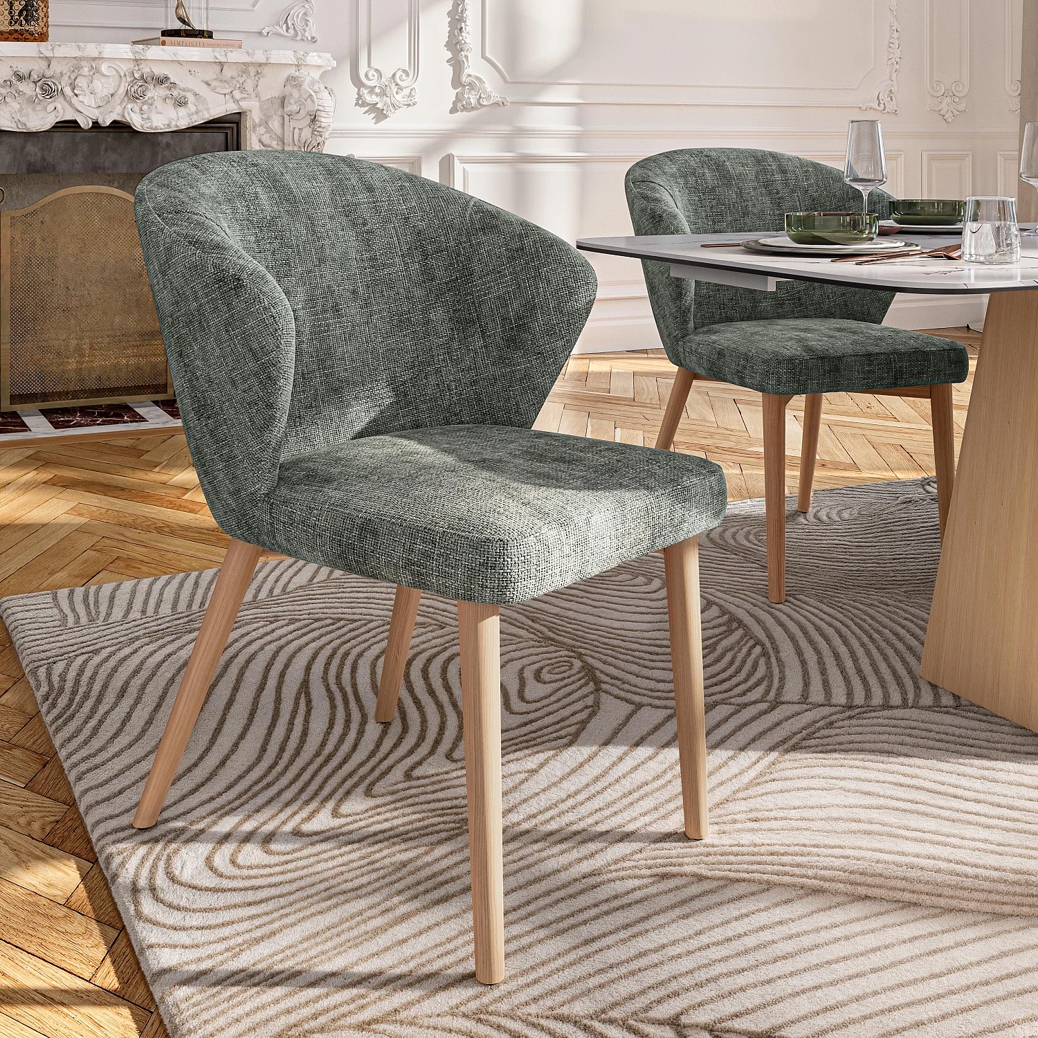 Lot de 2 chaises en tissu chenille et bois massif couleur chêne - Vert sapin - 3