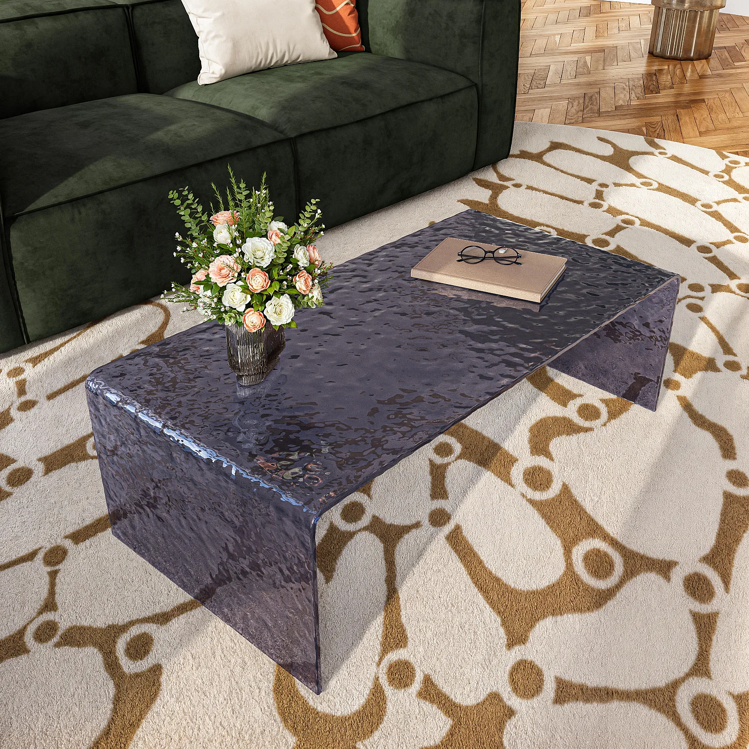 Table basse rectangulaire en verre trempé bullé - Gris fumé - 1