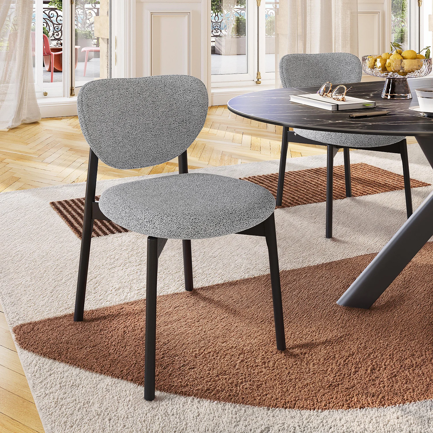 Set aus 2 Stühlen aus strukturiertem Stoff und massiver Eiche schwarz - Grau gemischt - 3