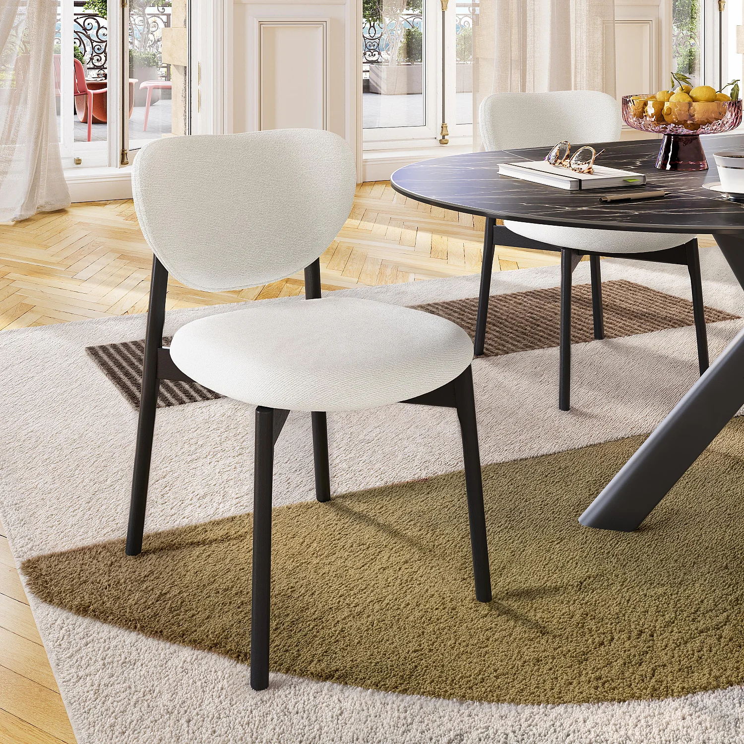 Set di 2 sedie in tessuto testurizzato e quercia massello nero - Ecru - 6