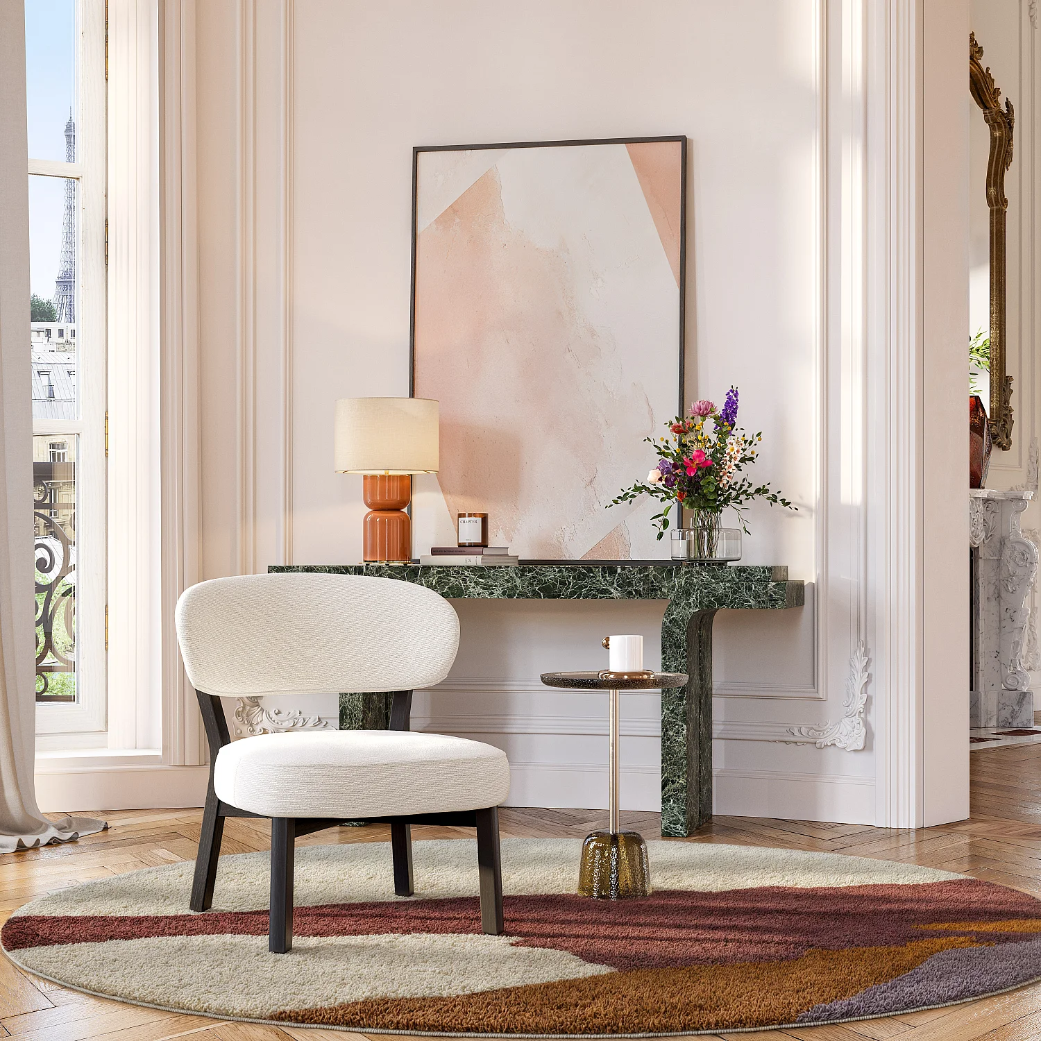 Fauteuil en tissu texturé et chêne massif noir - Écru - 1